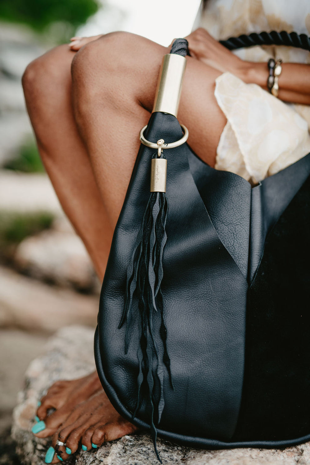 Wildwood Oyster Co. Large Bag in Black Leather w/ Black Rope & Matching Seaweed Tassel