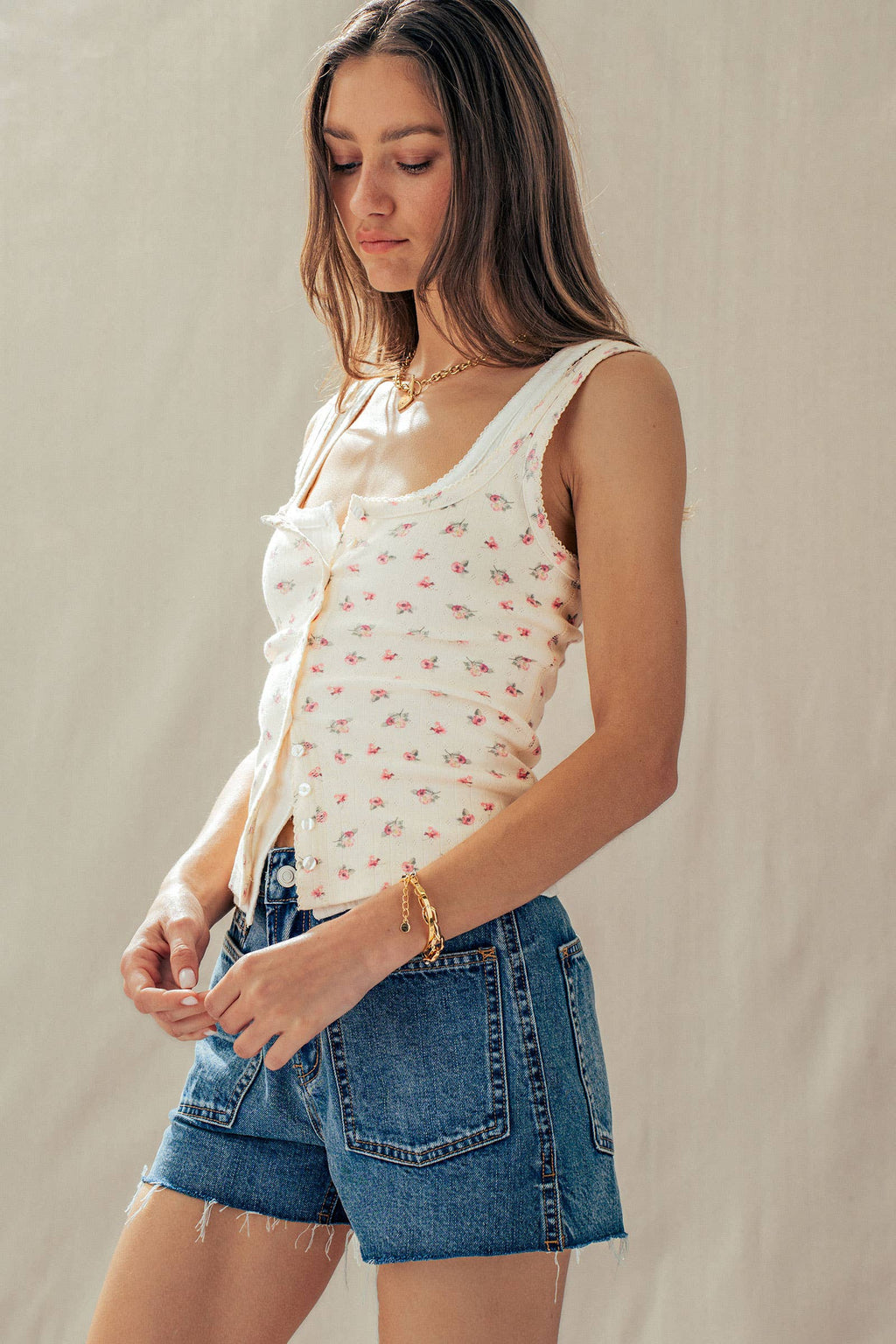 Women's Ribbed Cotton Button-Front Picot Trim Tank - Ivory Floral