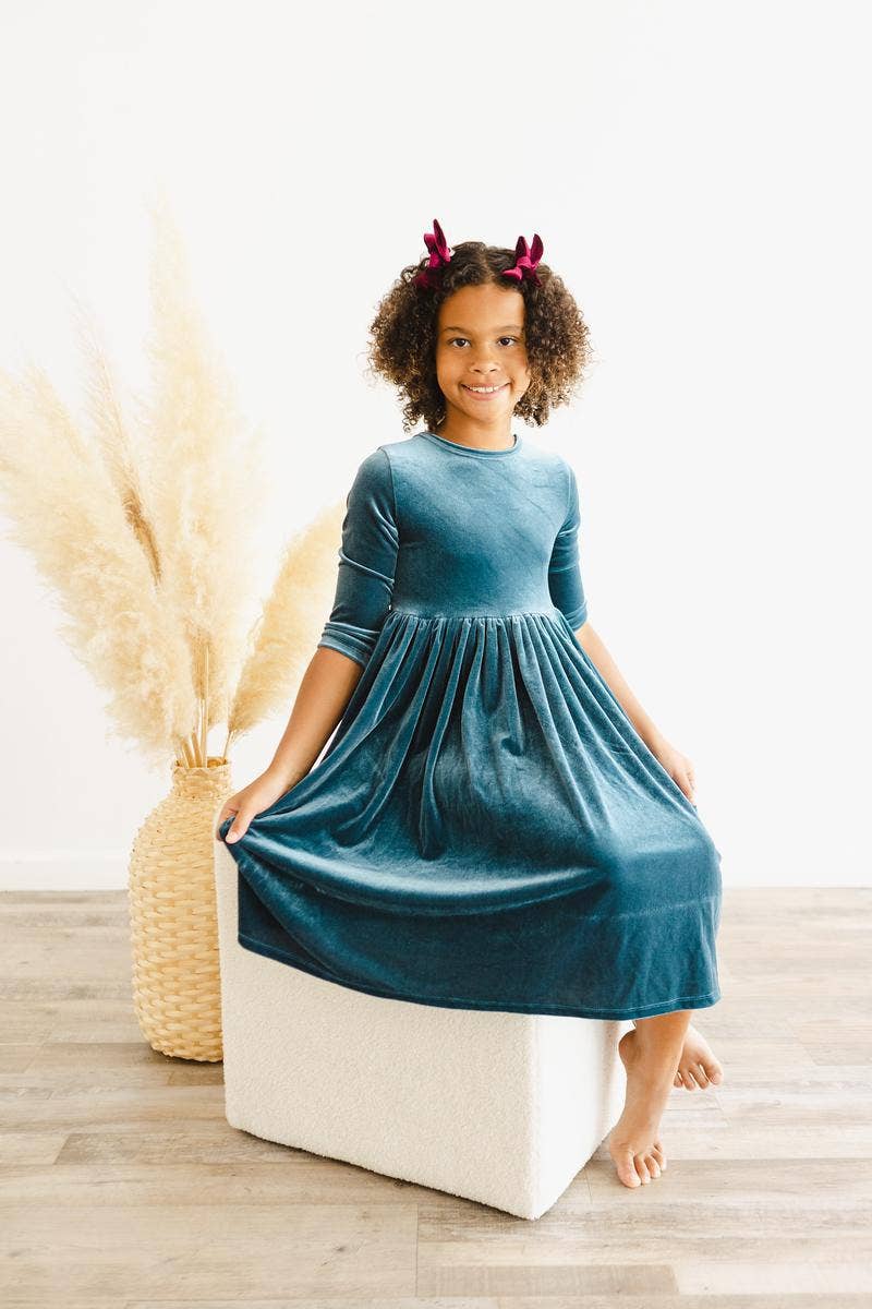 Mila & Rose Velvet Twirl Dress - Denim Blue