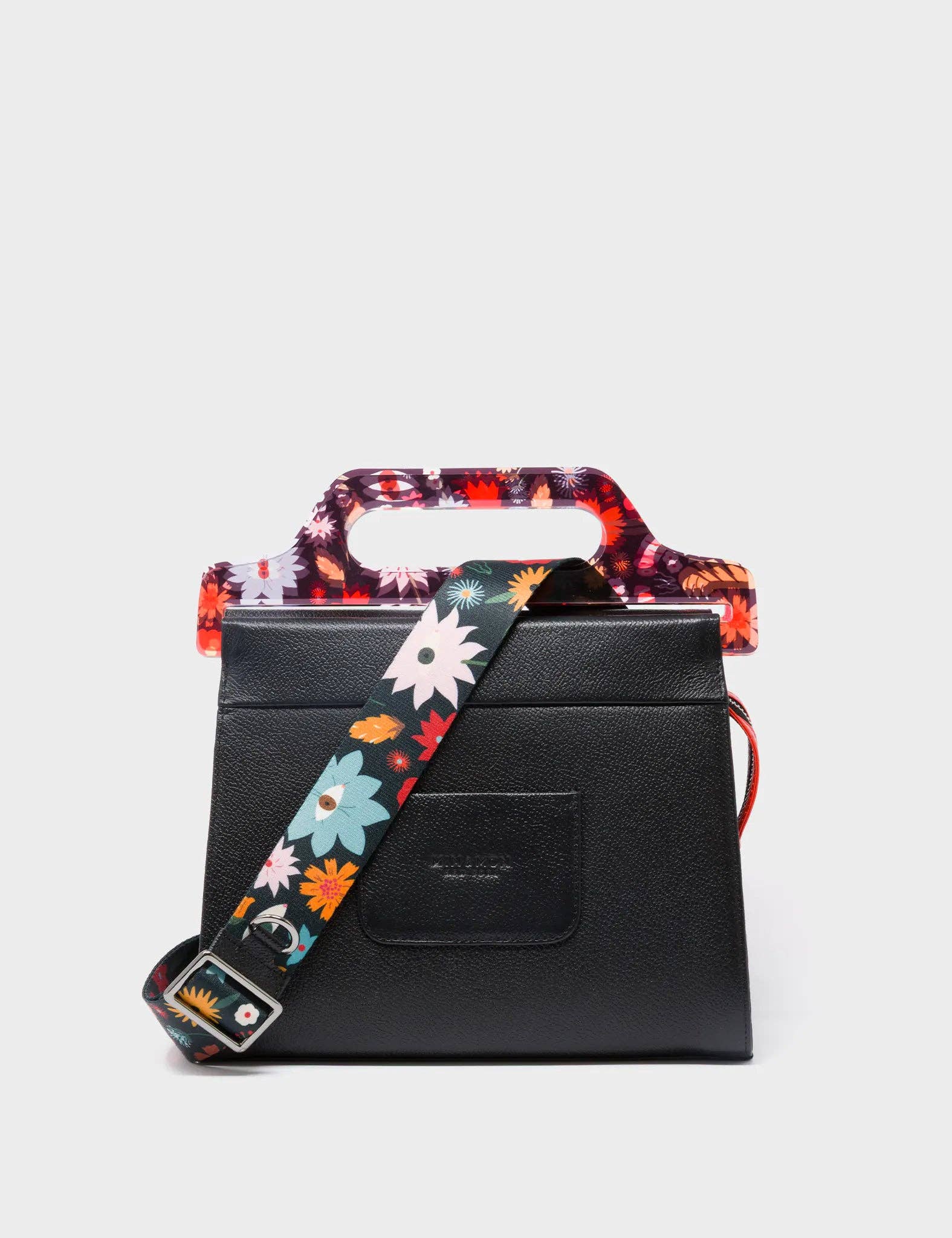 Min & Mon - Vali Black Leather Crossbody Handbag Plastic Handle - Tiger And Snake Print