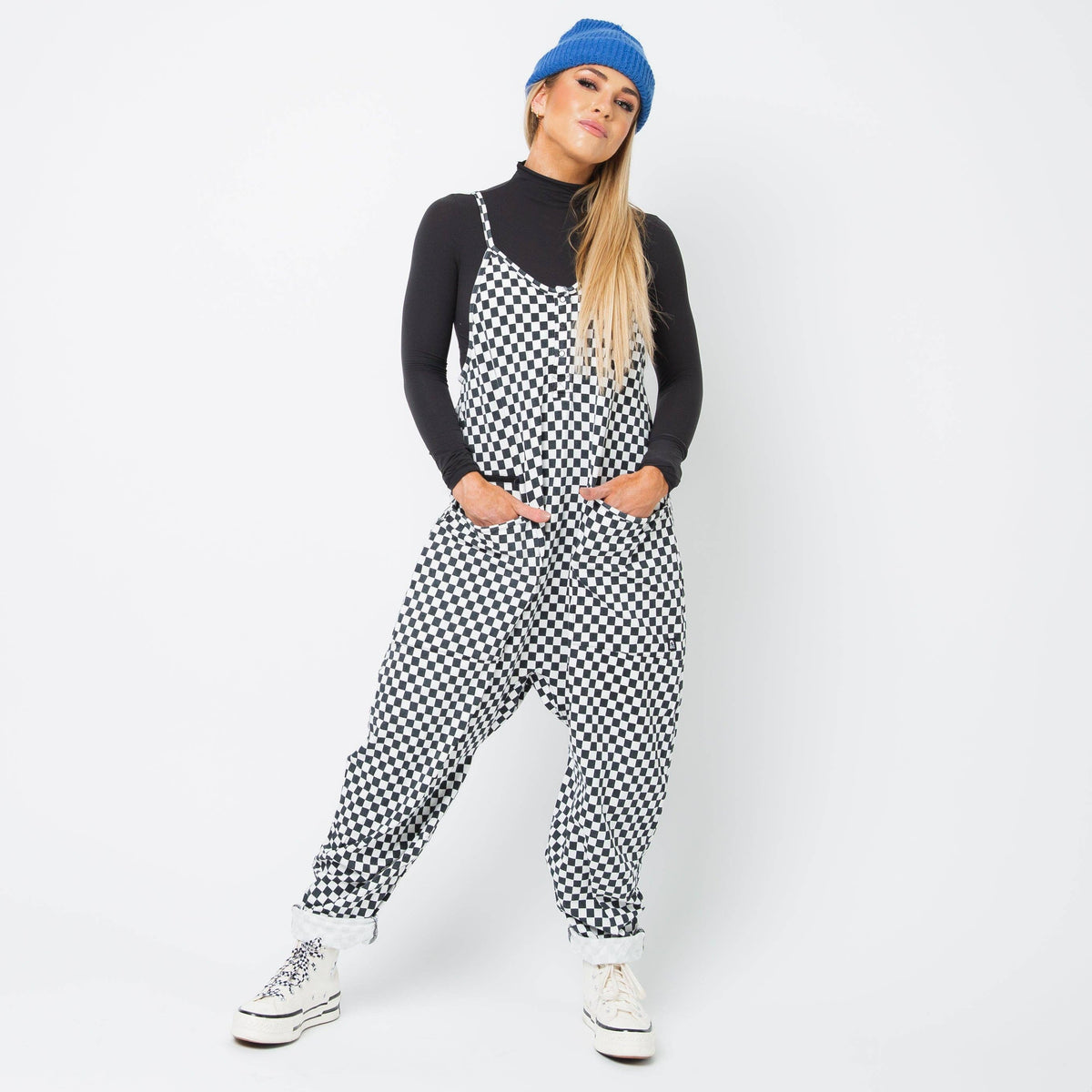 RAGS - Women's Tank Romper - Black & White Mini Check