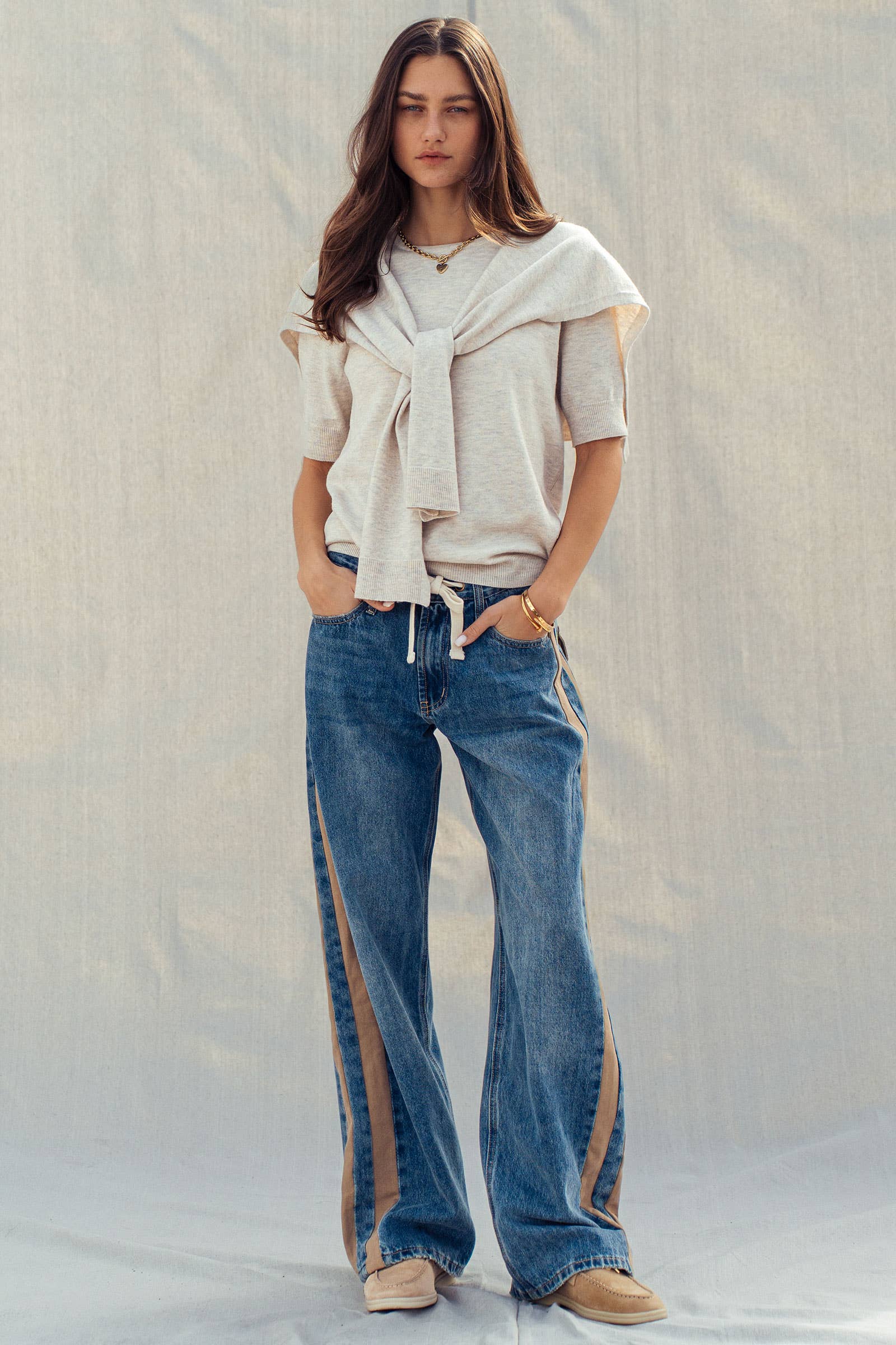Women's Wide-Leg Utility Stripe Jeans - Denim Taupe