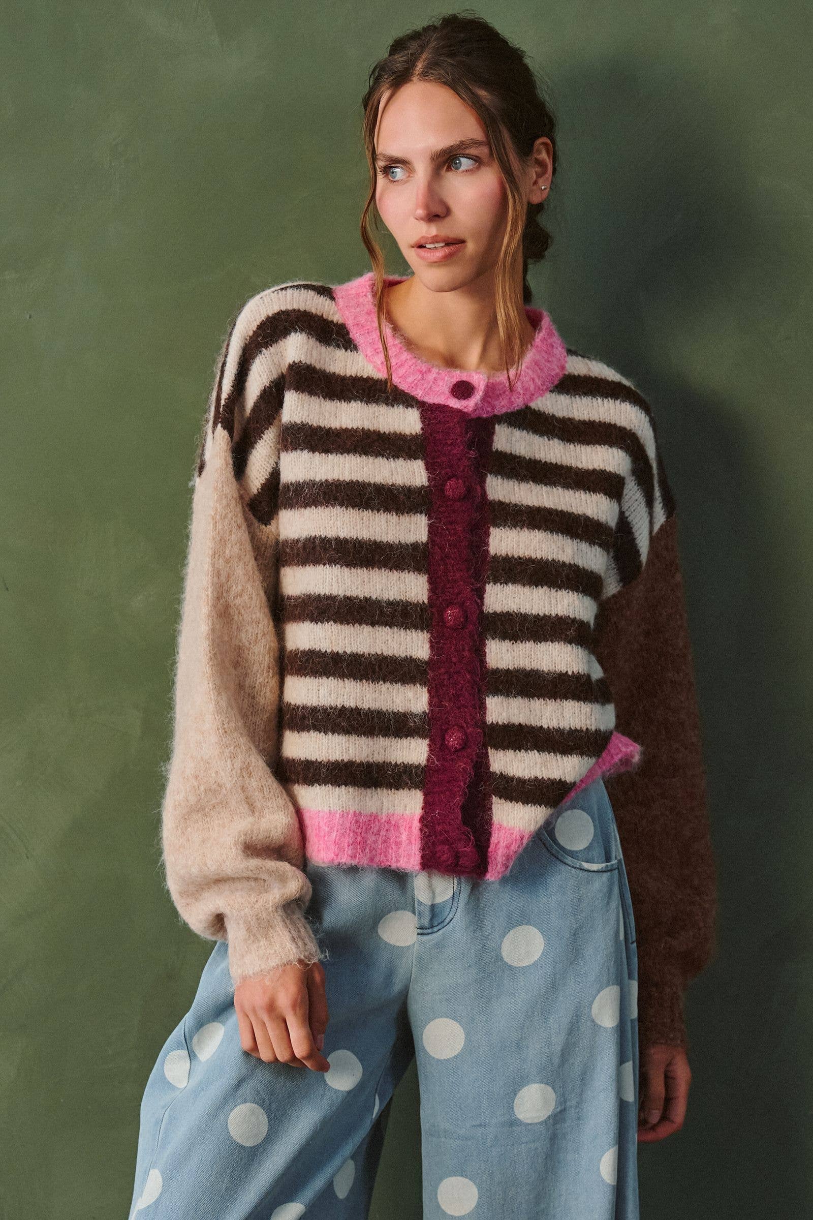 Women’s Color Pop Stripe Cardigan- Pink/Brown