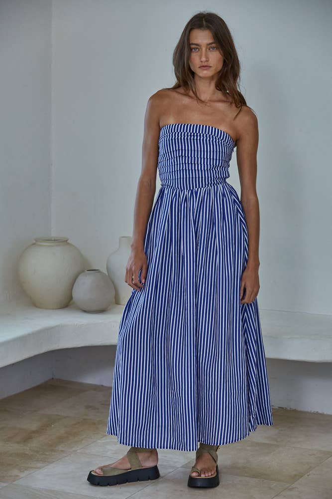 Women's Striped Tube Neck Strapless Flare Maxi Dress - Denim Blue