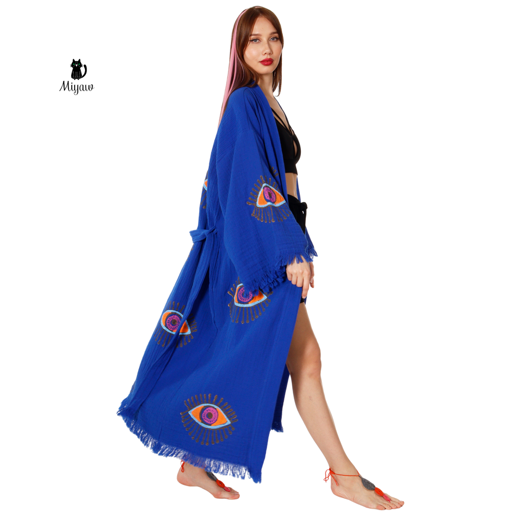 Handmade Organic Cotton Kimono Robe - Blue Protective Eye