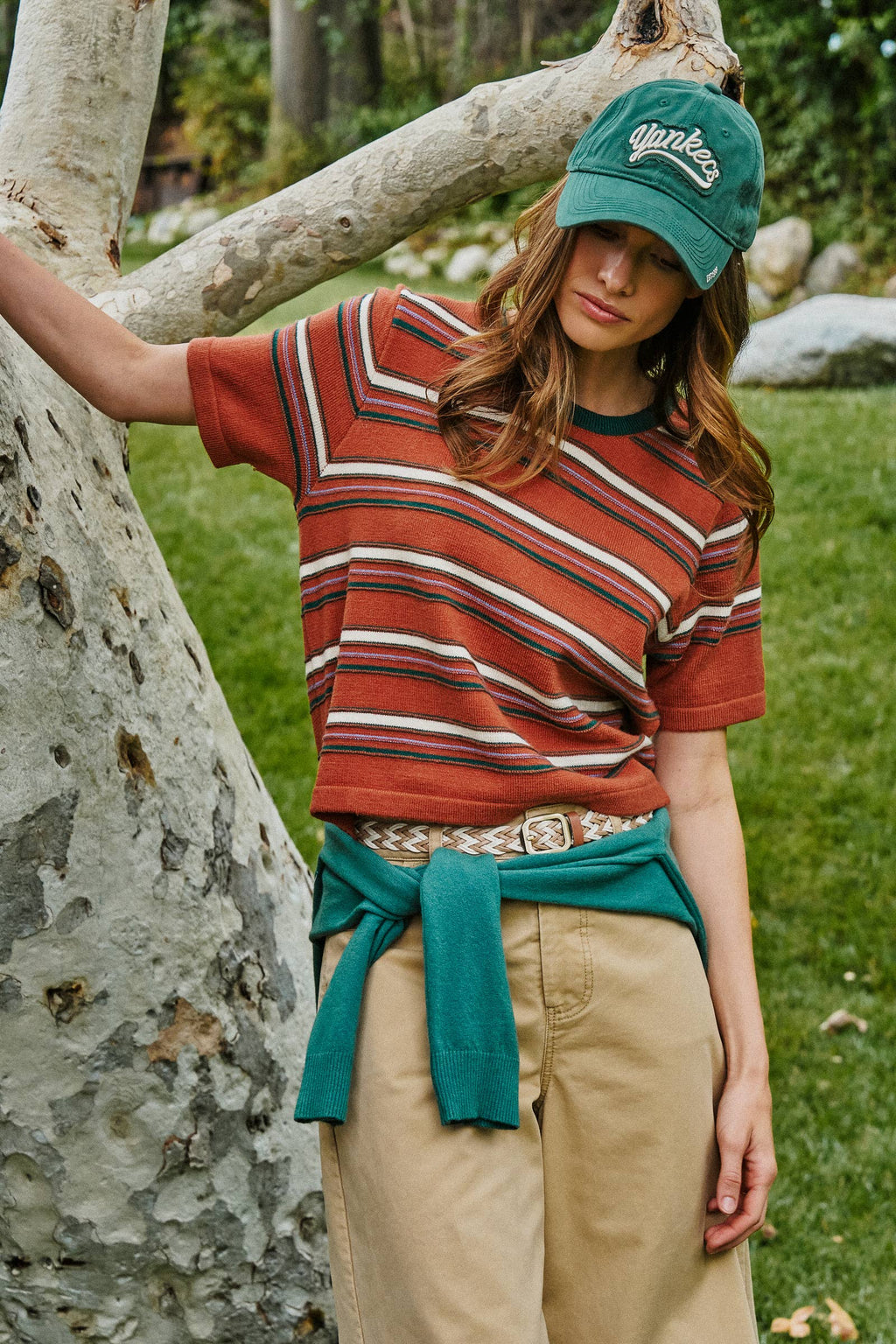 Women’s Striped Knit Ringer Tee With Crew Neck - Rust