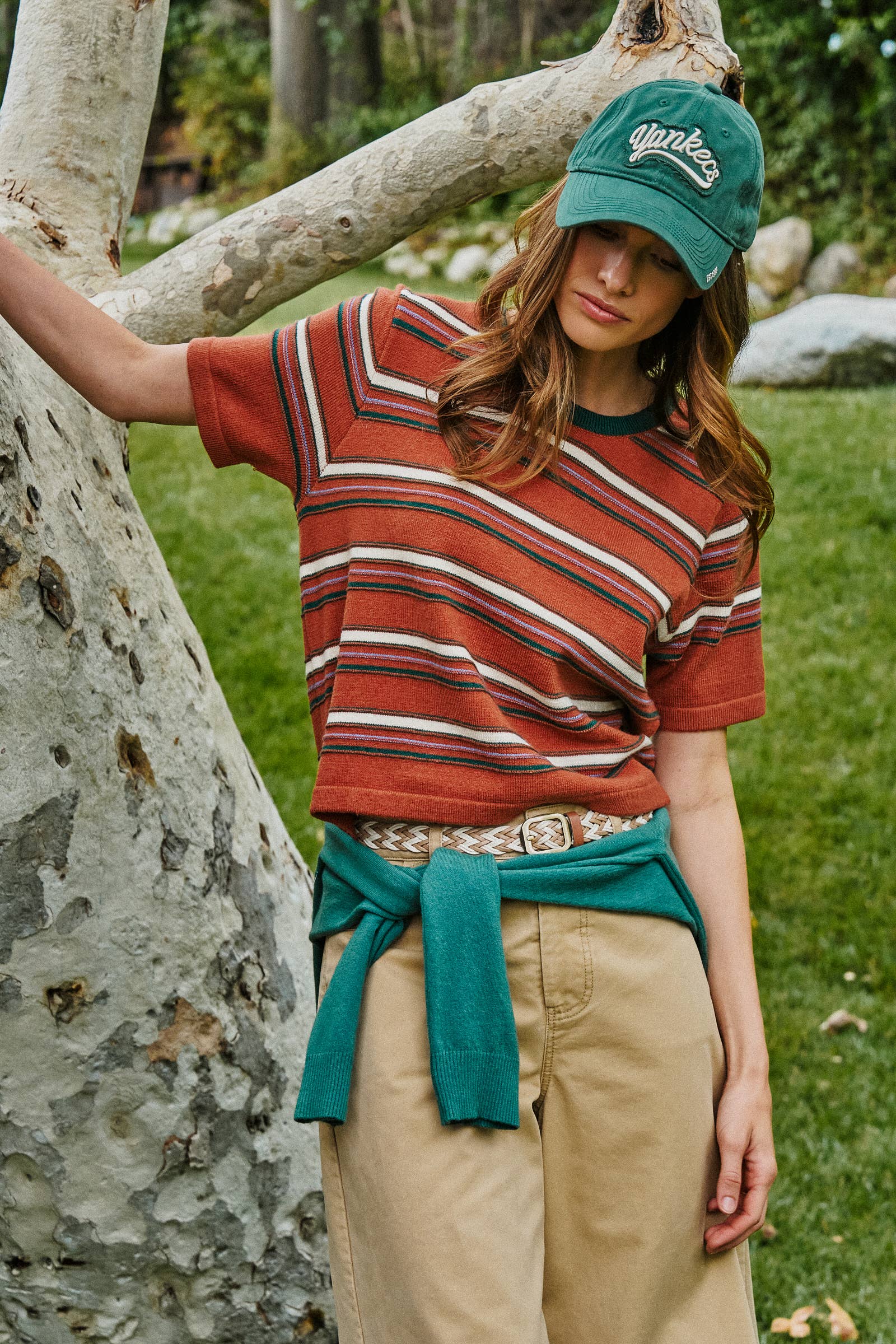 Women’s Striped Knit Ringer Tee With Crew Neck - Rust