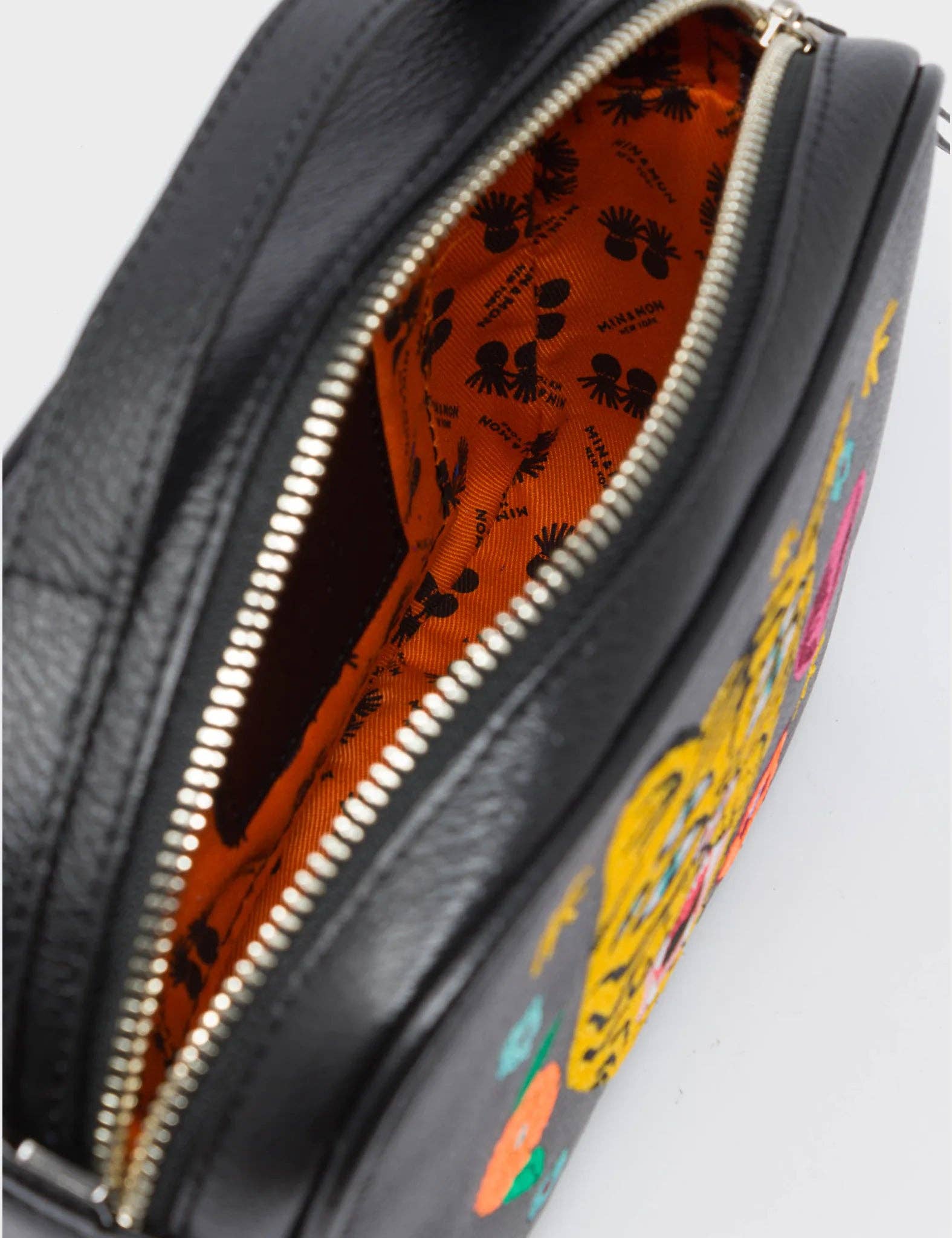 Min & Mon - Verto Black Leather Crossbody Bag - Happy Tiger Embroidery