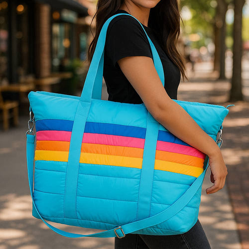 Top Trenz Inc Puffer Tote - Blue Retro Stripe