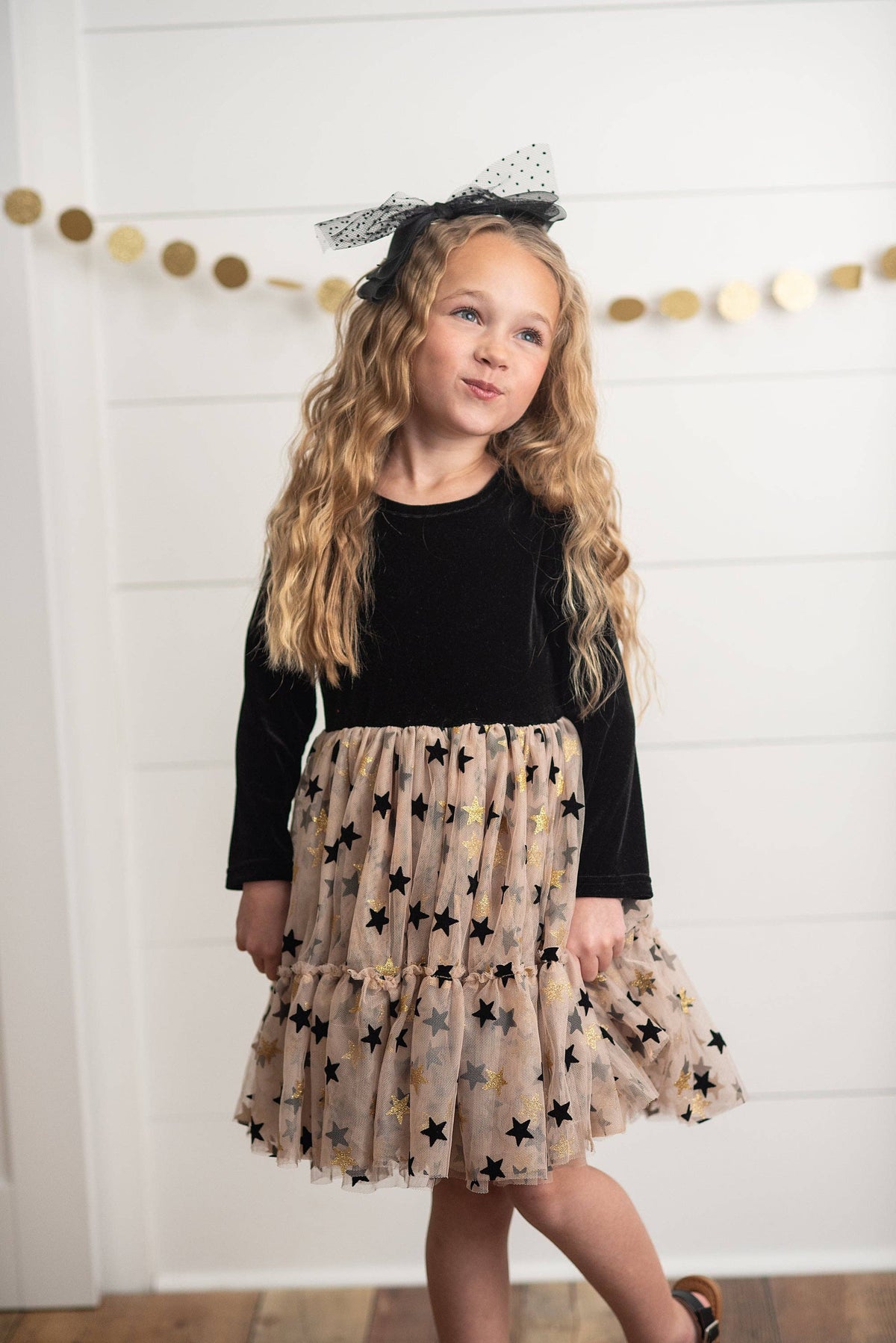 Oopsie Daisy - Velvet Sparkle Tulle Dress - Black & Gold Star