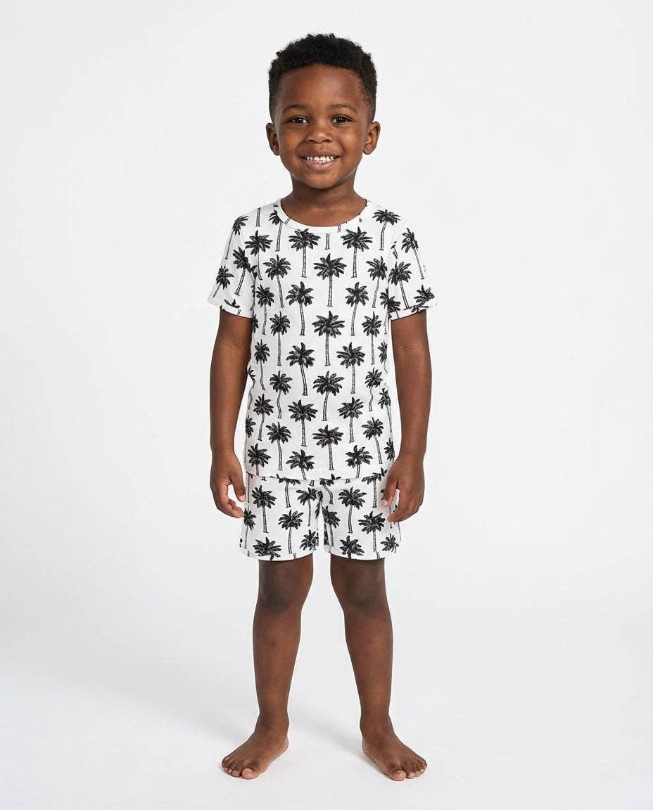 Lucky Panda Kids Bamboo Shorts PJs - Palm Style White