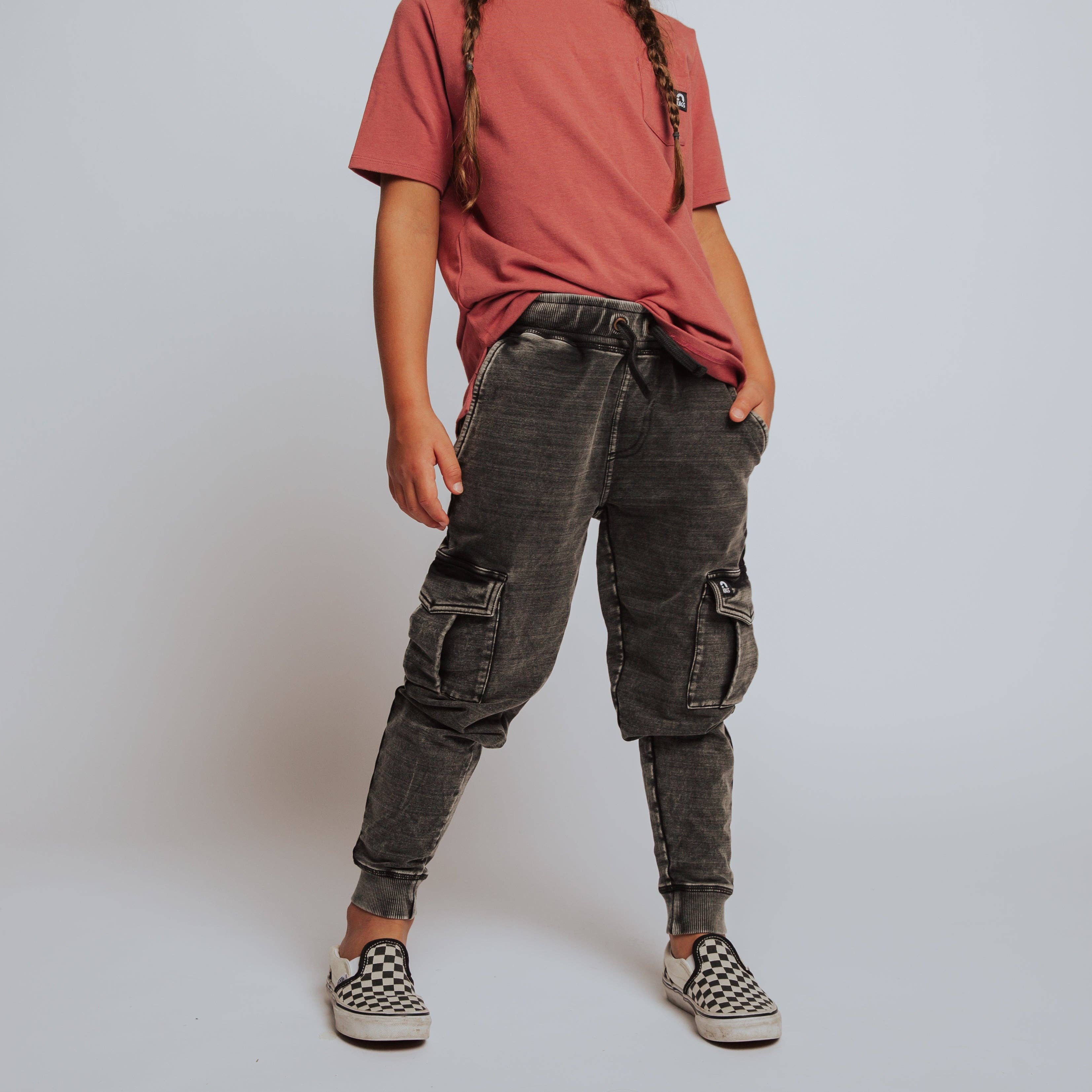 RAGS - Relaxed Fit Cargo Joggers - Washed Black Denim