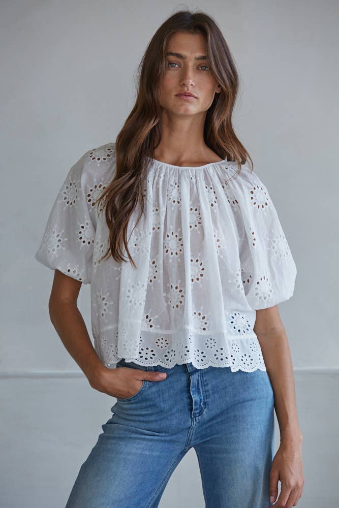 Women's Woven Cotton Eyelet Round Neck Short Sleeve Top - White
