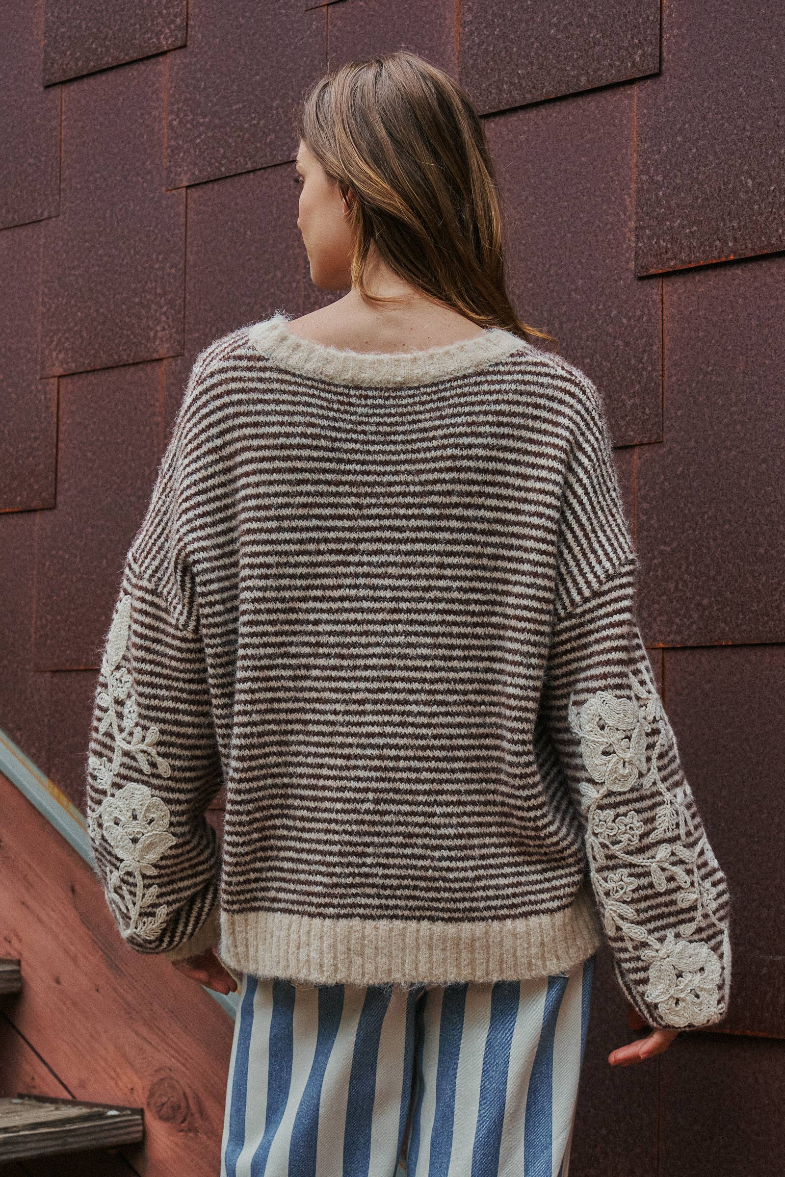 Women's Floral Embroidered Striped Knit Sweater - Brown