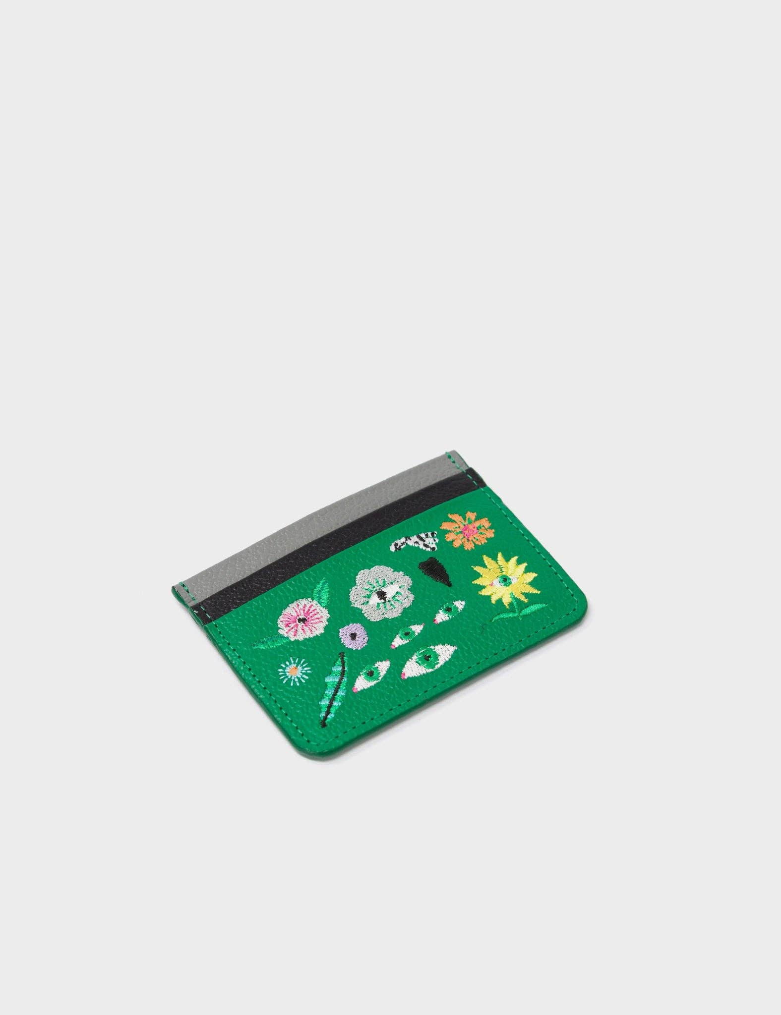 Min & Mon - Filium Irish Green Leather Cardholder - Floralia Embroidery