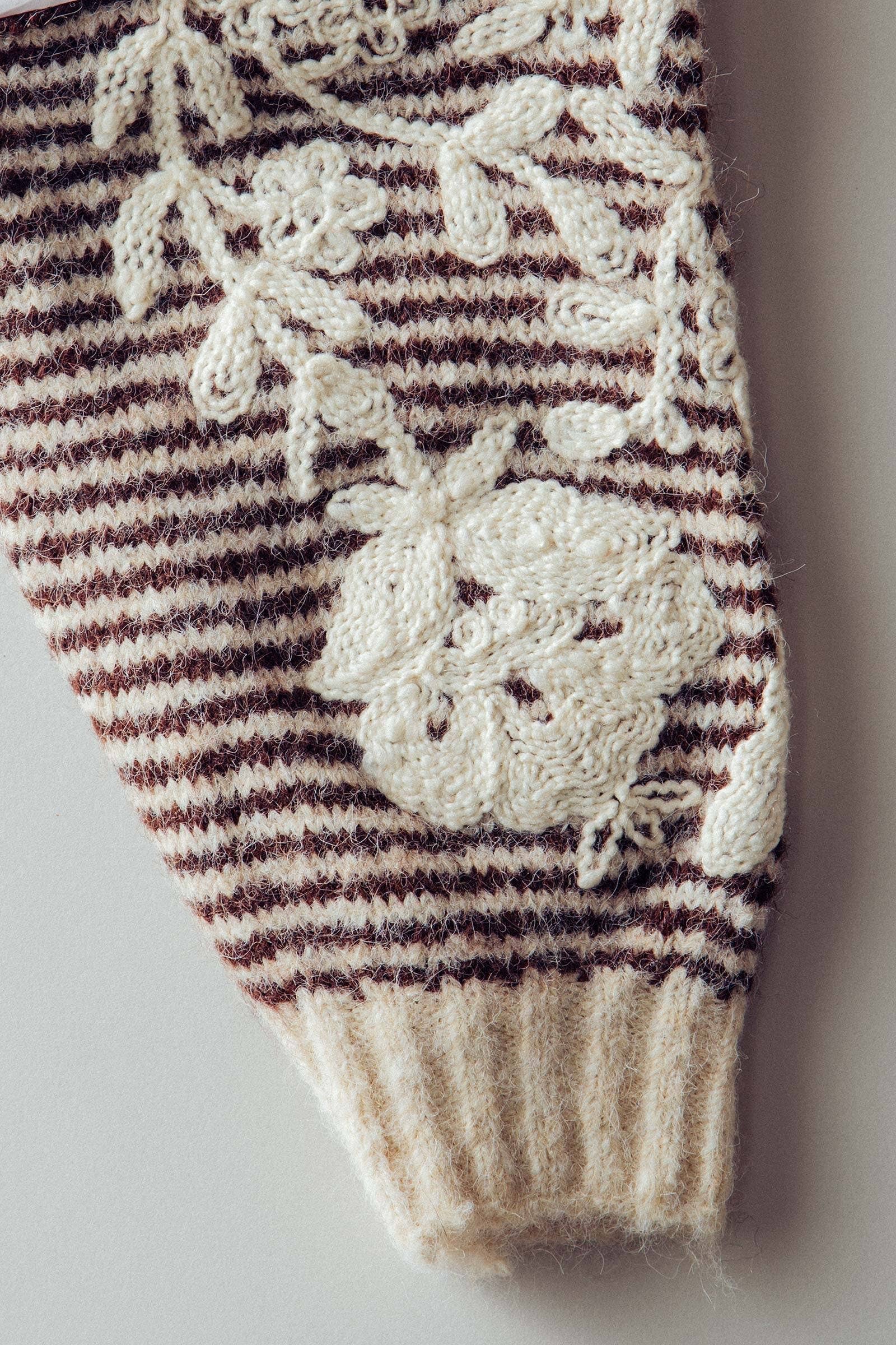 Women's Floral Embroidered Striped Knit Sweater - Brown