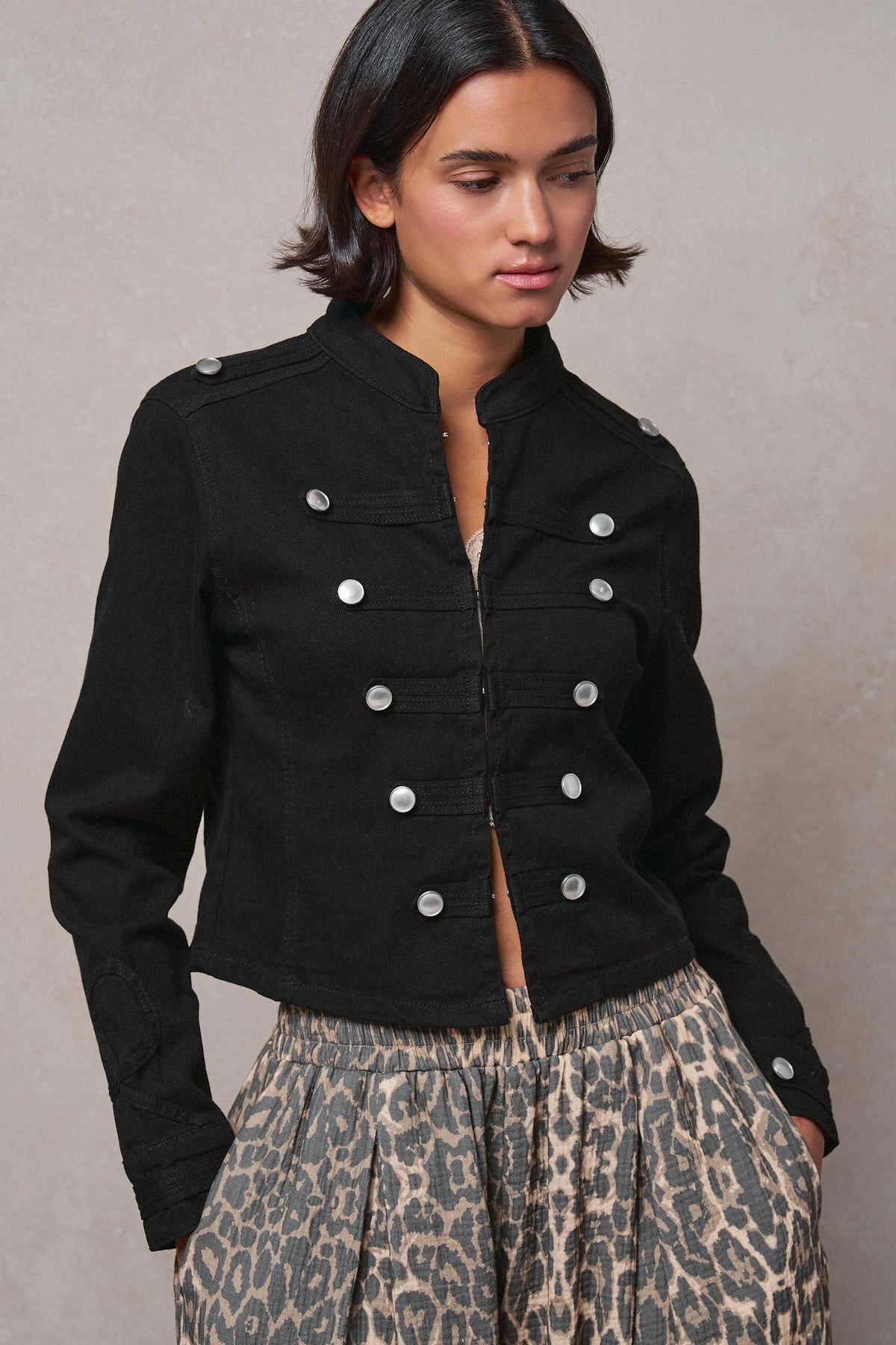 Women's Military Double-Button Stretch Cotton Jacket - Black