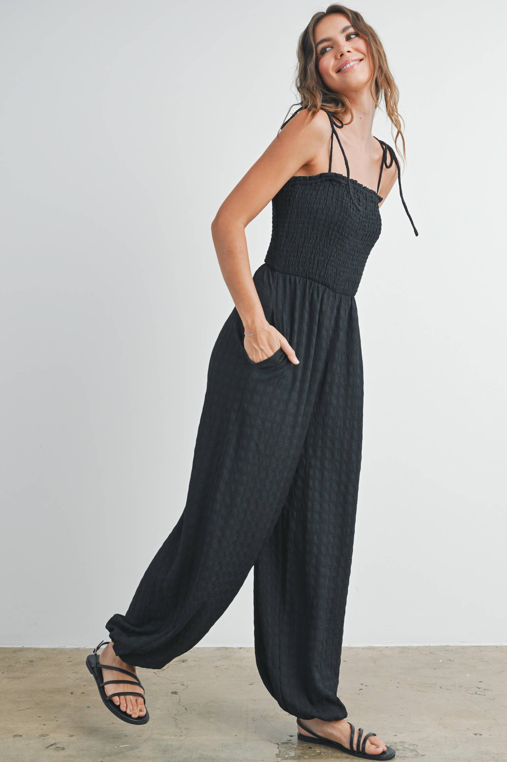 Women's Textured Solid Wide Leg Jumpsuit - Black