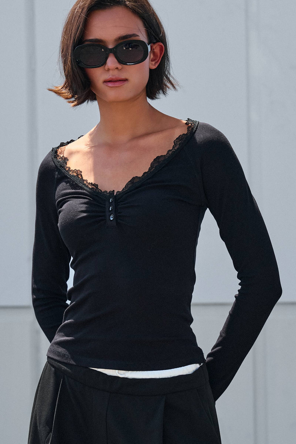 Women's Lace Trim Ribbed Knit Henley Top - Black