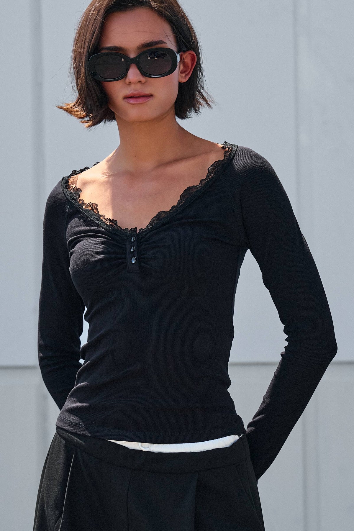 Women's Lace Trim Ribbed Knit Henley Top - Black