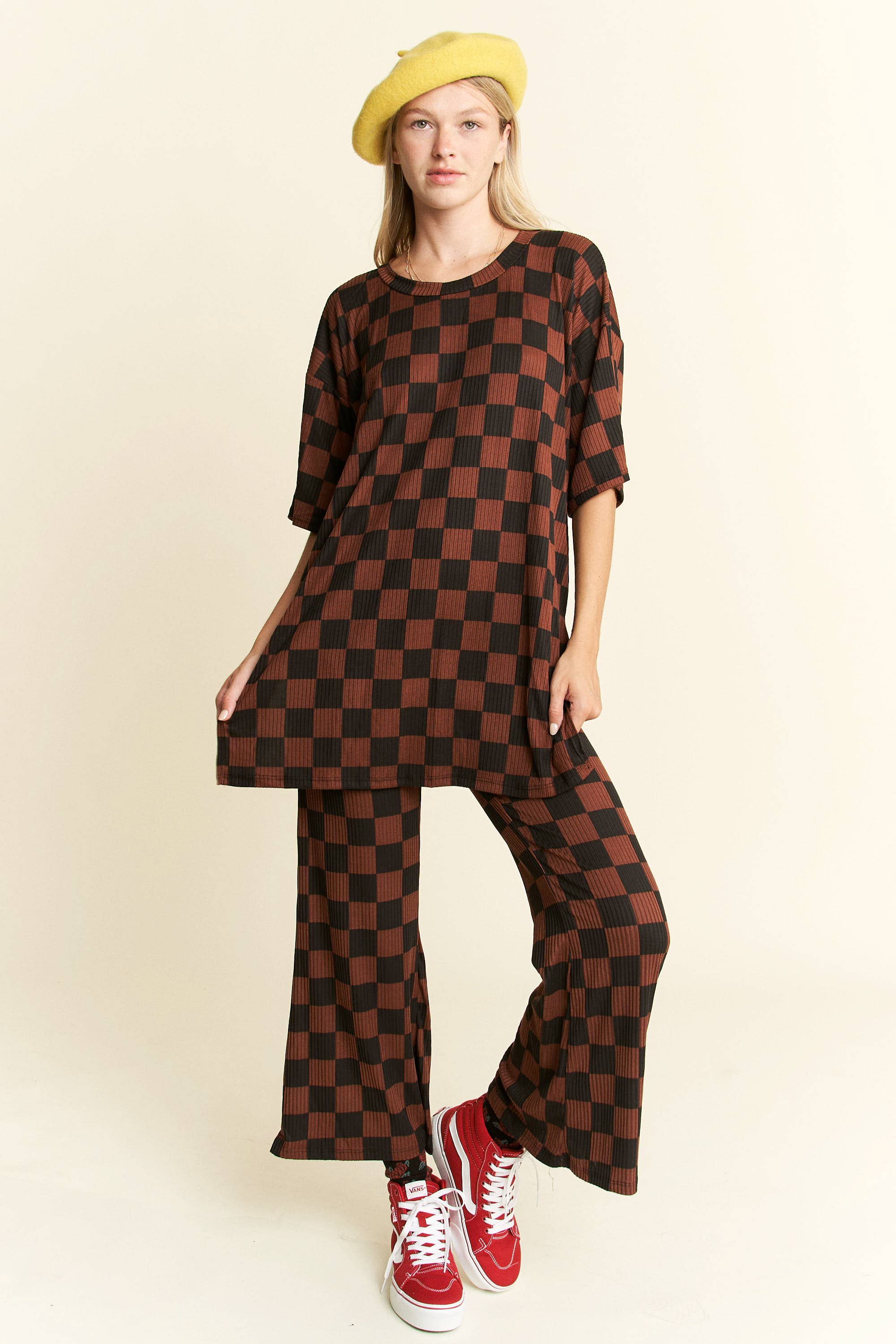 Women's Ribbed Checkered Set - Mocha/Black
