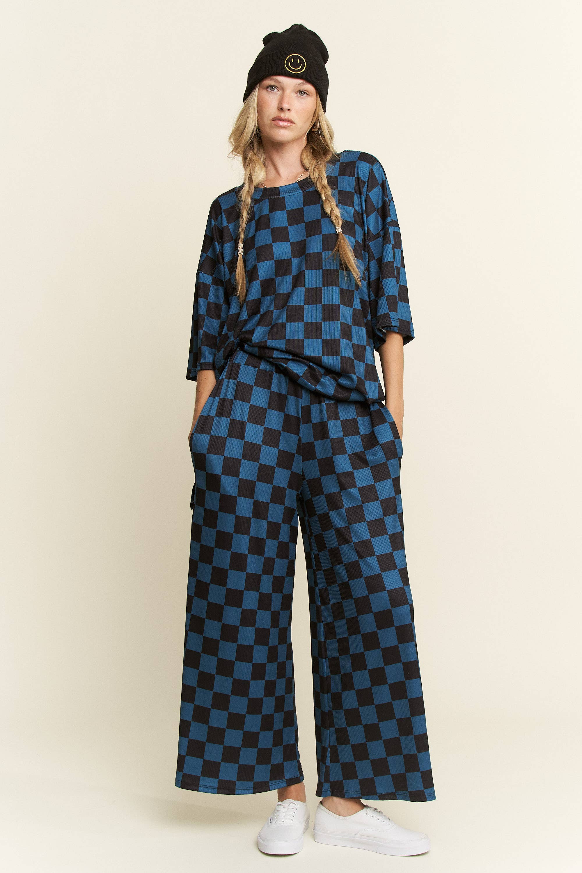 Women's Ribbed Checkered Set - Teal/Black