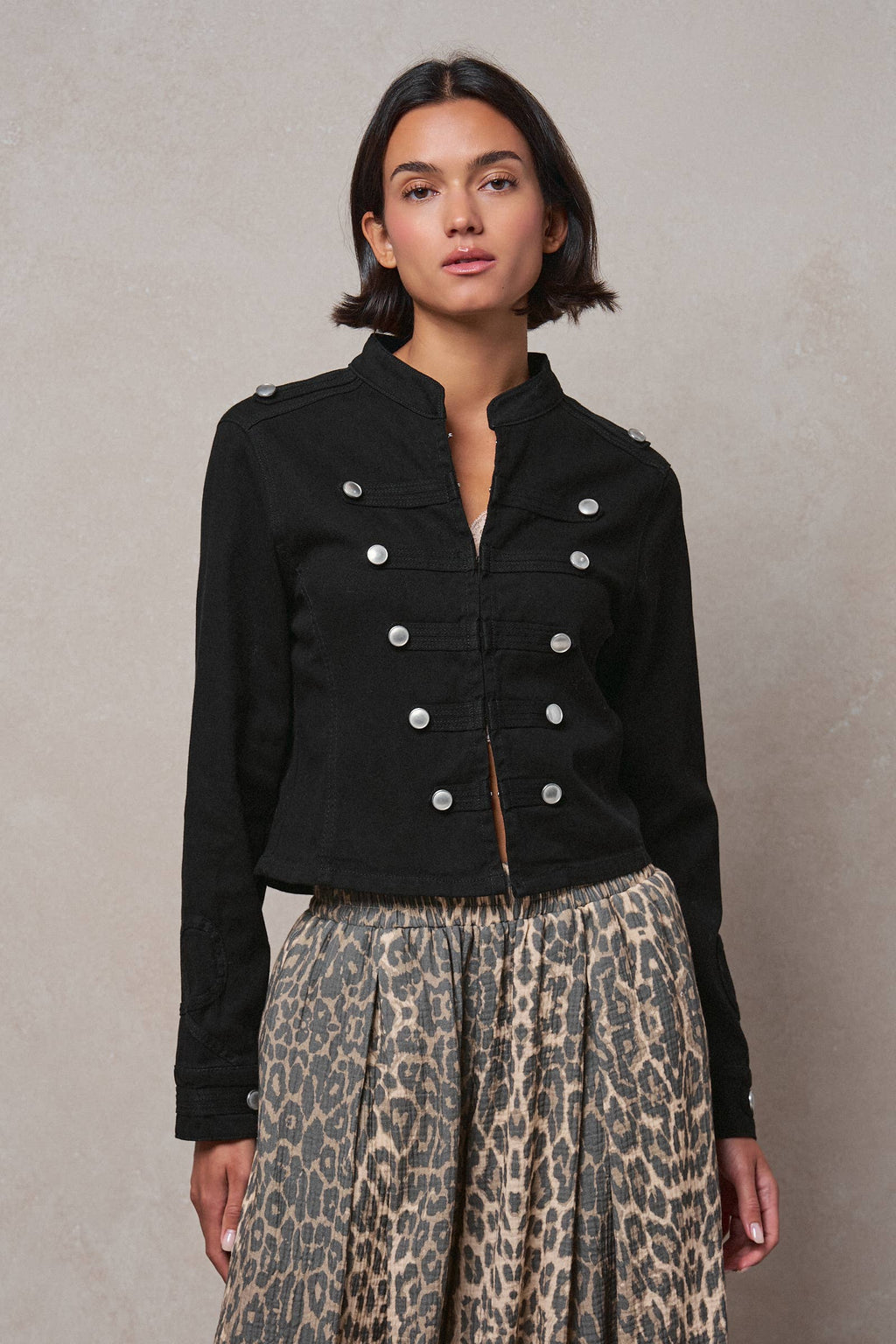 Women's Military Double-Button Stretch Cotton Jacket - Black