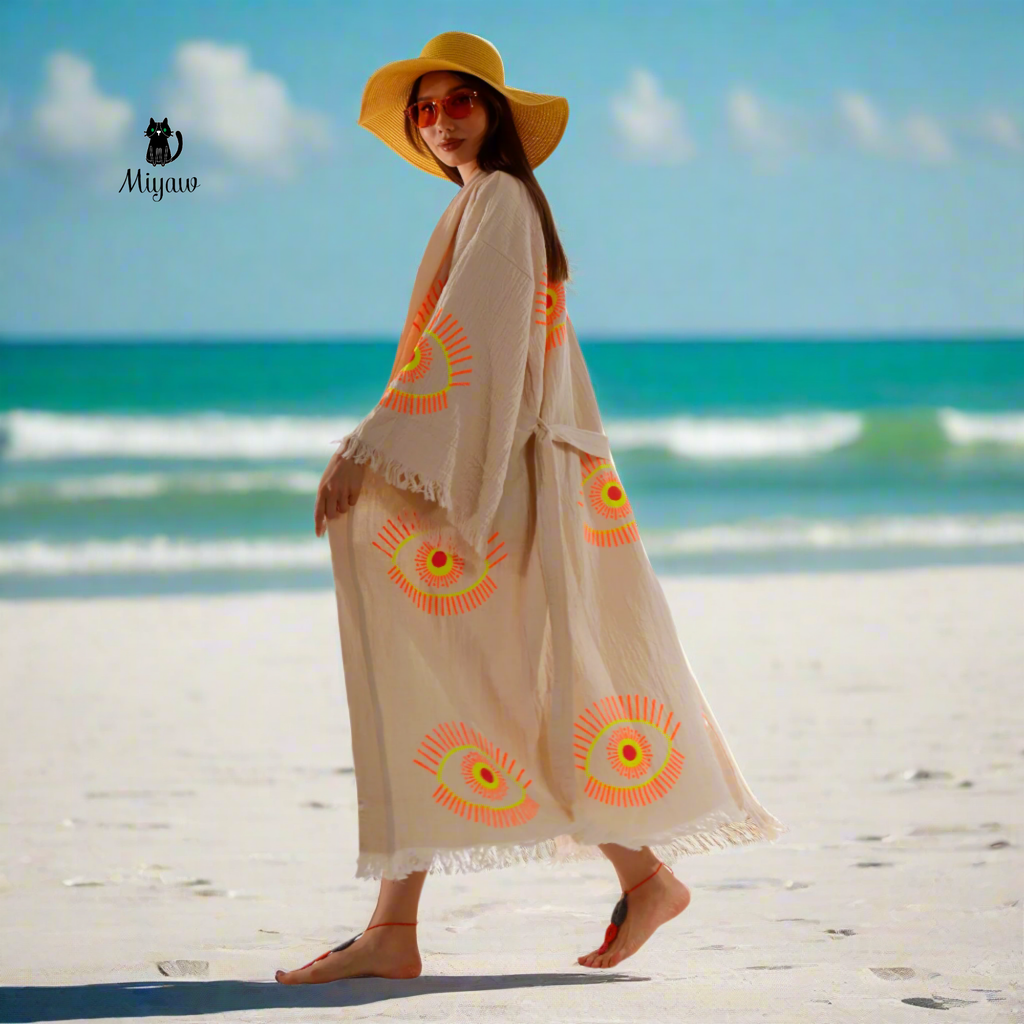 Handmade Organic Cotton Kimono Robe – Beige Evil Eye