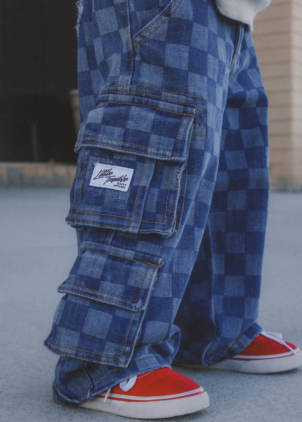 Little Trouble - Checkered Baggy Blue Jeans (Final Sale)