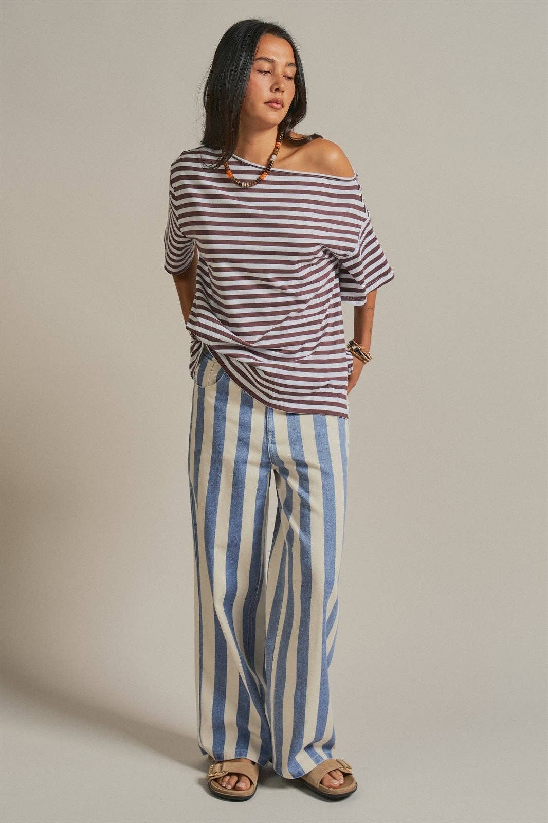 Women's Off-Shoulder Boxy Tee - Brown Stripe