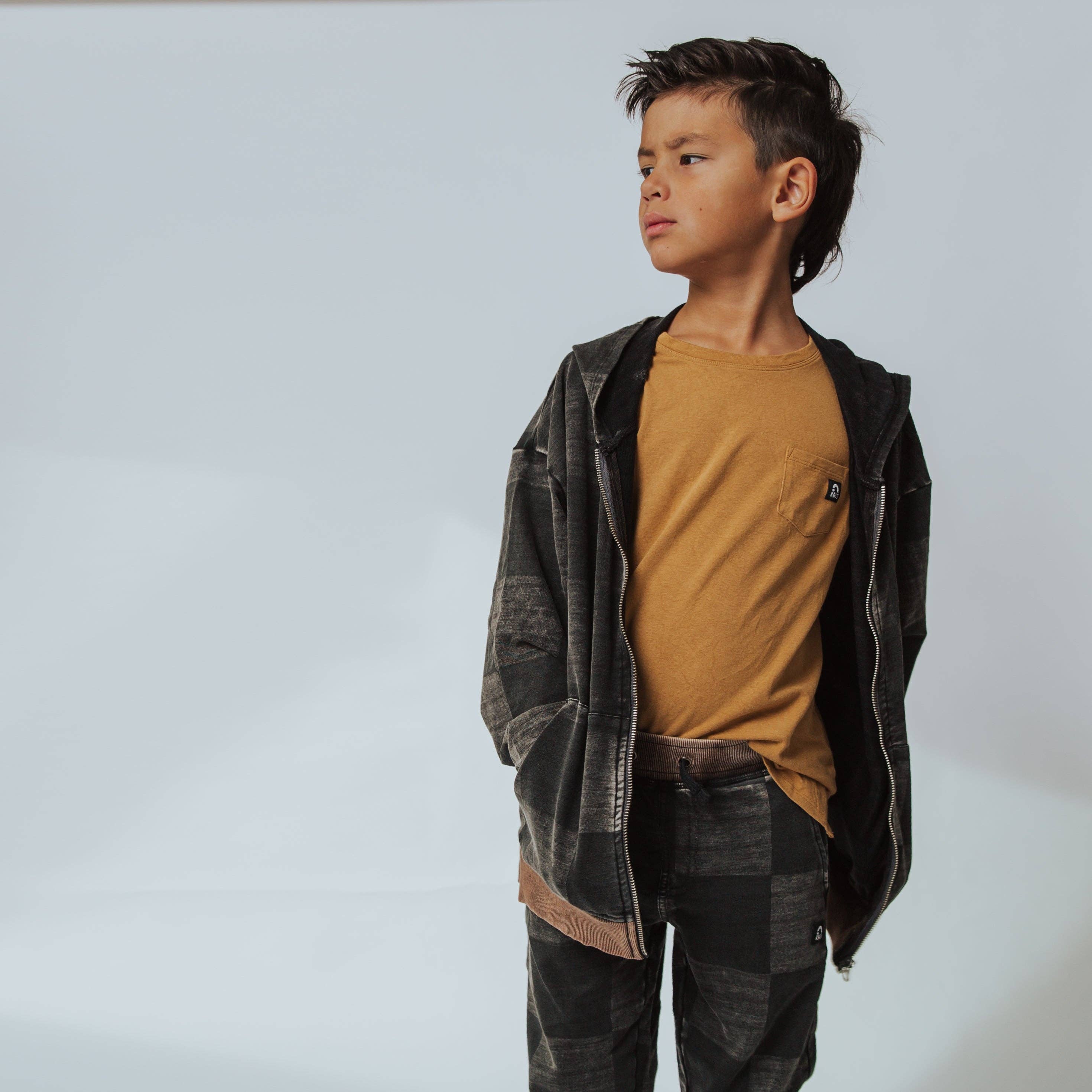 RAGS - Zip Up Hoodie - Washed Black Denim Check