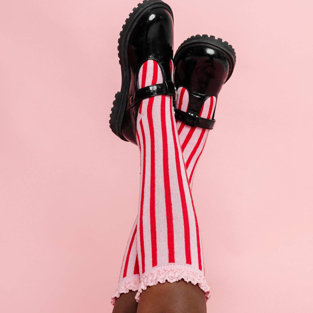 Little Stocking Co. Lace Top Knee High Socks - Candy Stripe