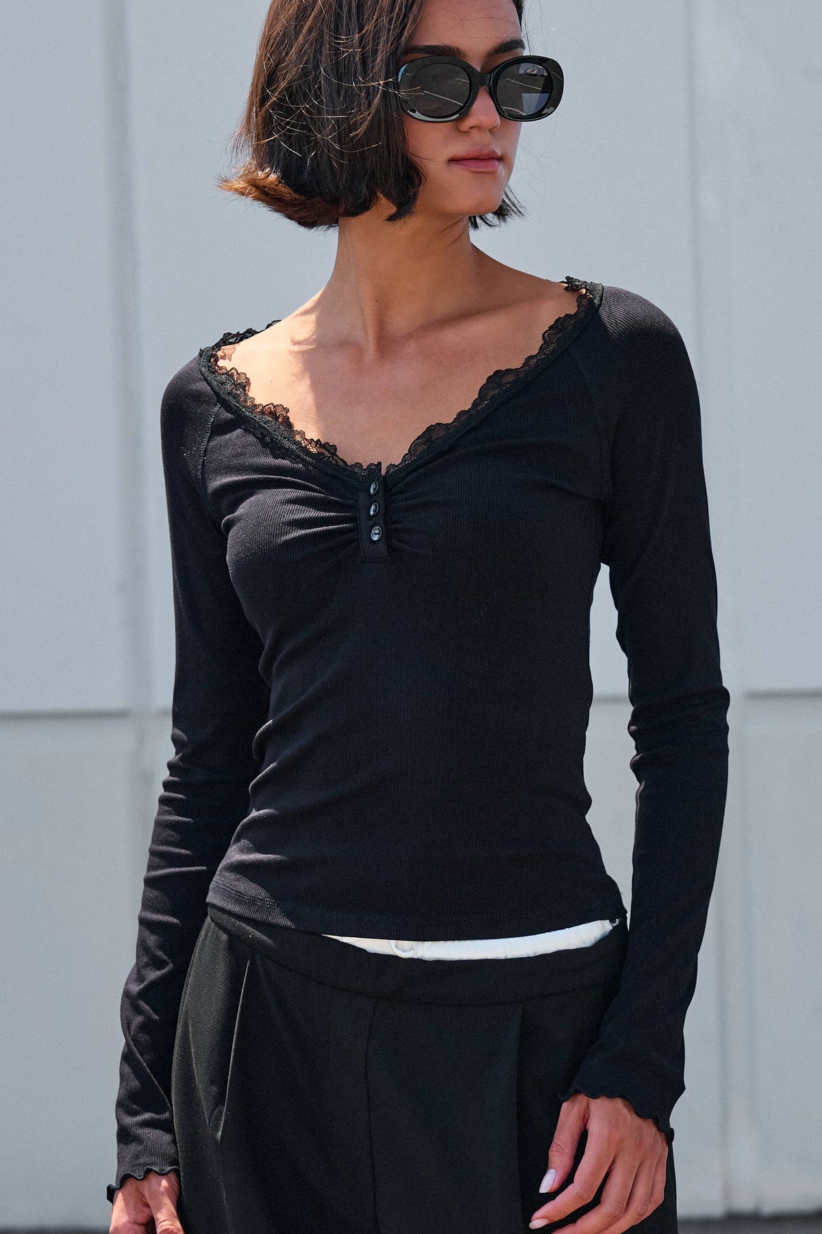 Women's Lace Trim Ribbed Knit Henley Top - Black