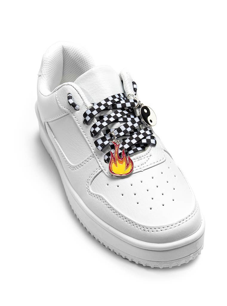 Living Royal Shoelaces w/ Charms Set - Checkered w/Yin Yang & Fire Charms