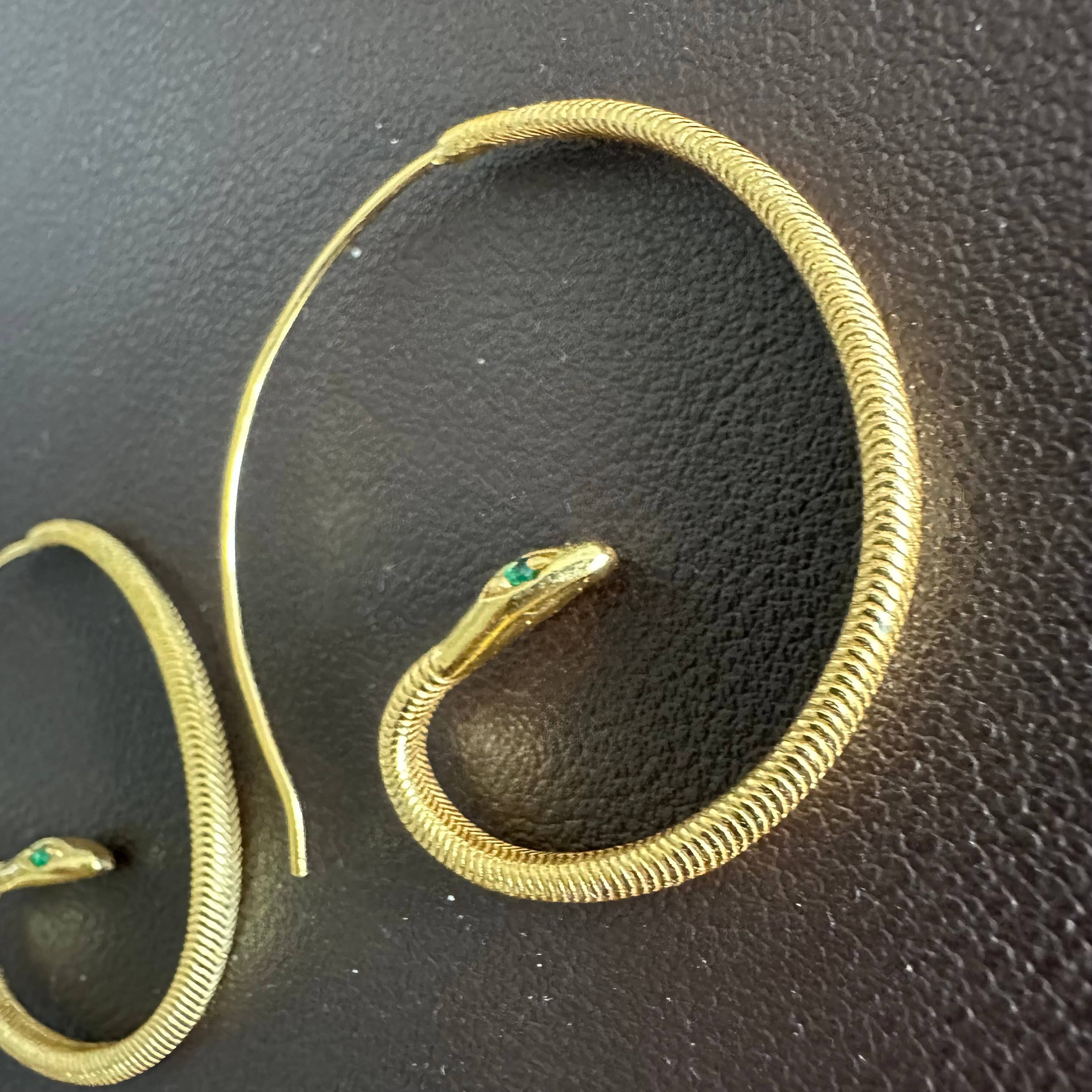 Anokhi Green Handmade Gemstone Earrings - Baby Snake Gold Plated Hoops
