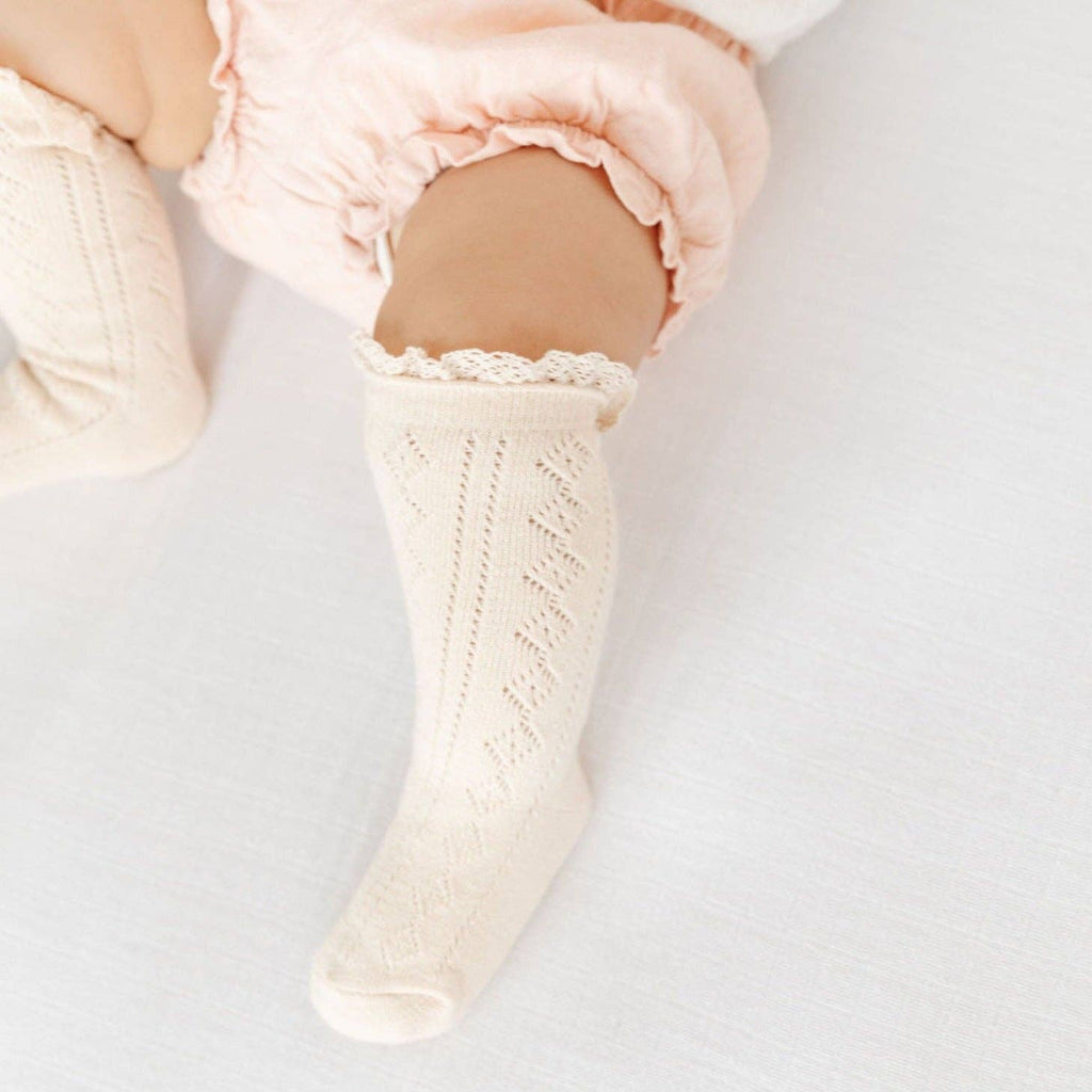 Little Stocking Co. Fancy Lace Top Knee High Socks - Vanilla