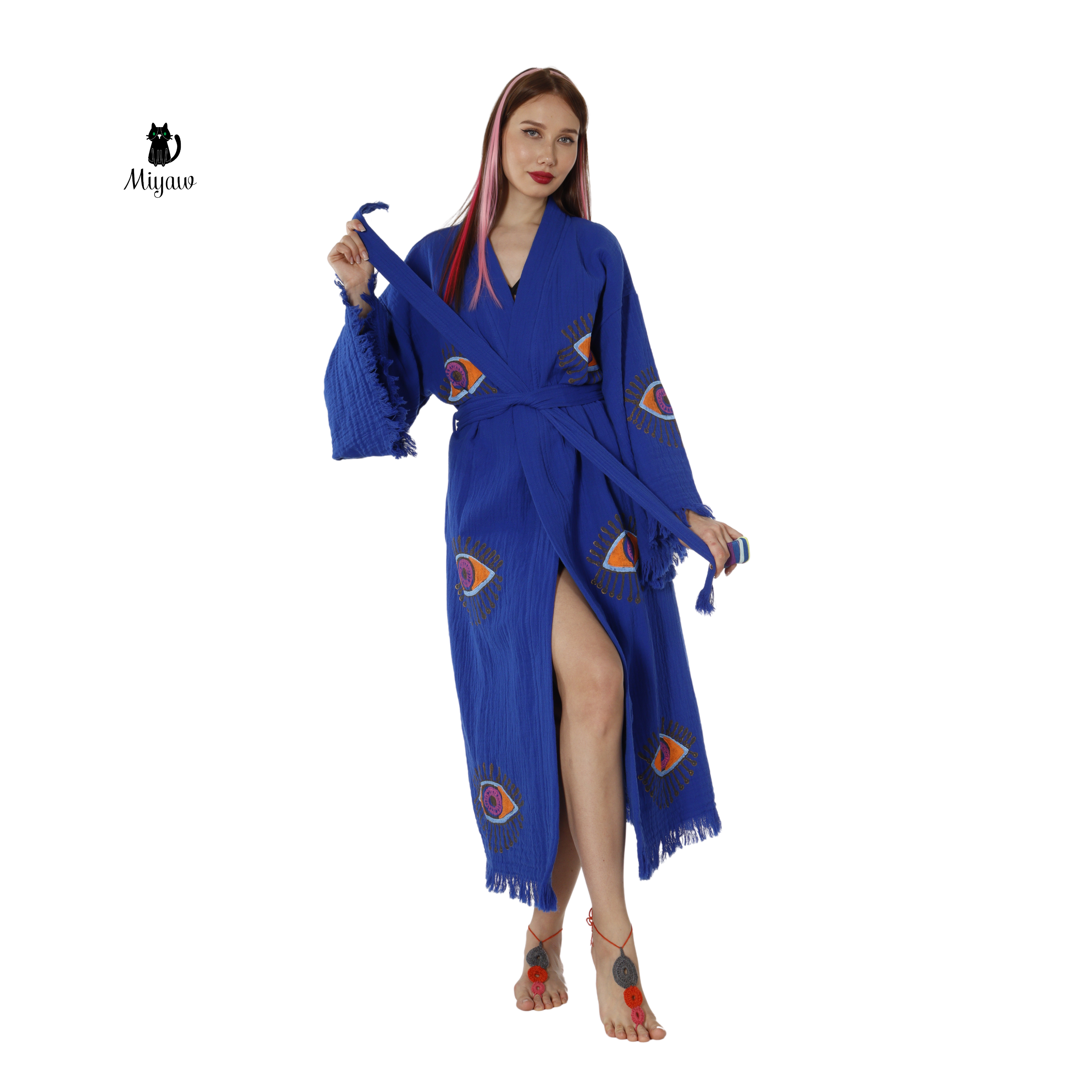 Handmade Organic Cotton Kimono Robe - Blue Protective Eye