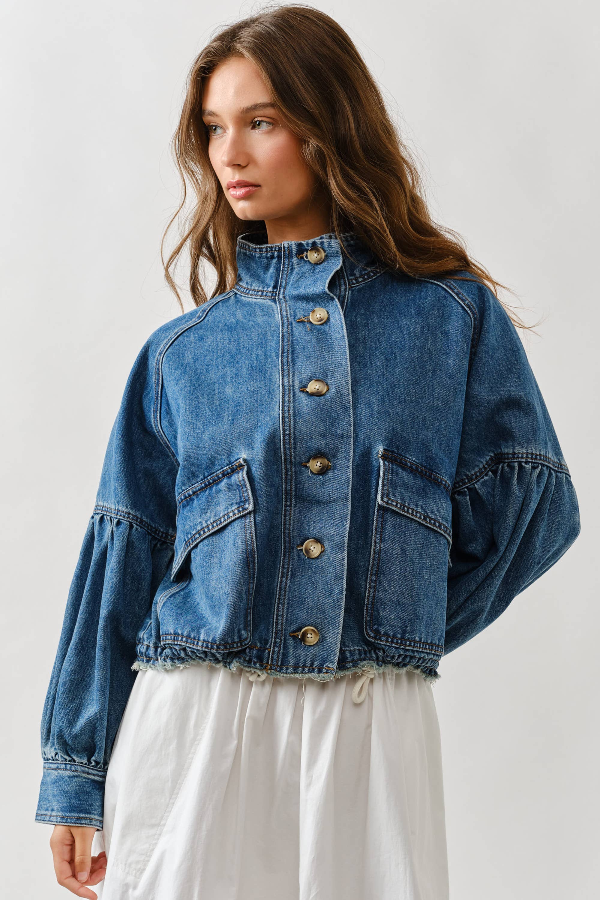 Women's Balloon Sleeve Twill Denim Jacket