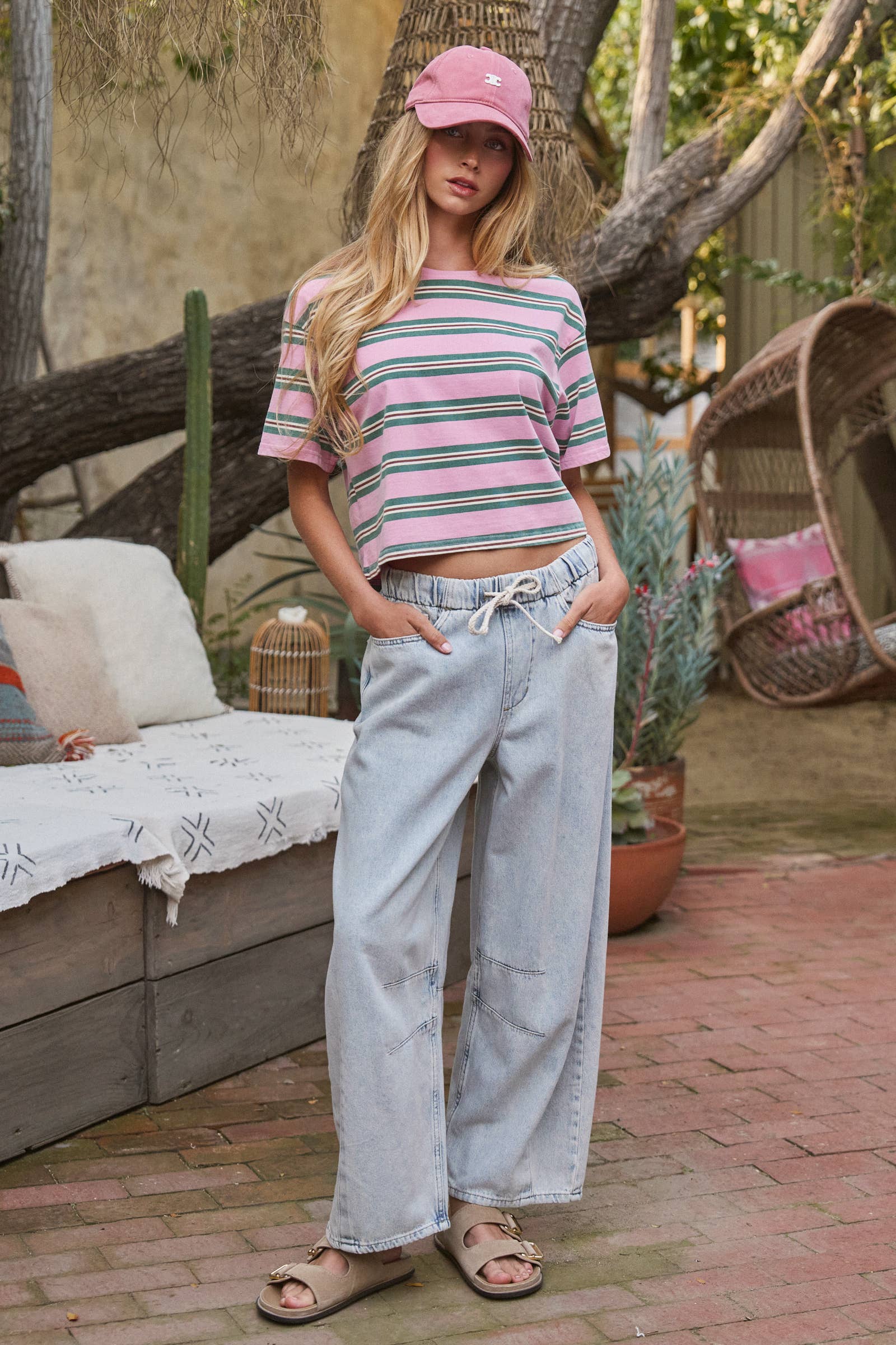 Women's Vintage Washed Striped Cotton Crop Tee - Pink/Green