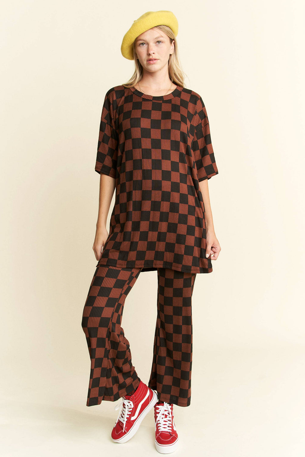 Women's Ribbed Checkered Set - Mocha/Black