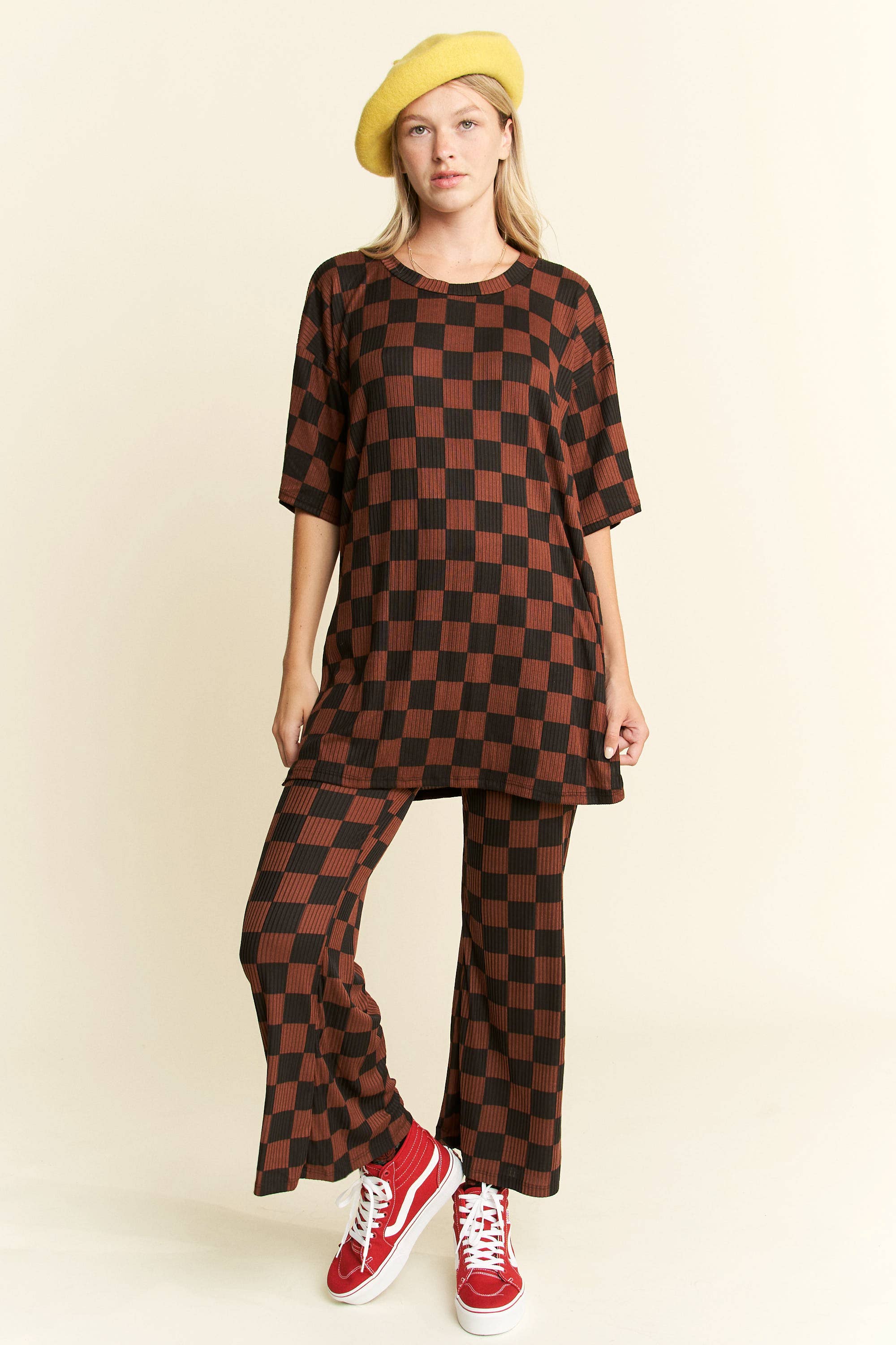 Women's Ribbed Checkered Set - Mocha/Black