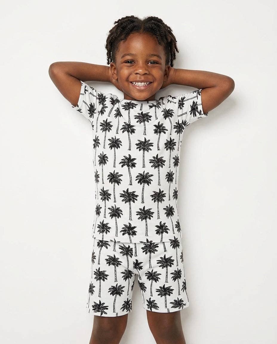 Lucky Panda Kids Bamboo Shorts PJs - Palm Style White