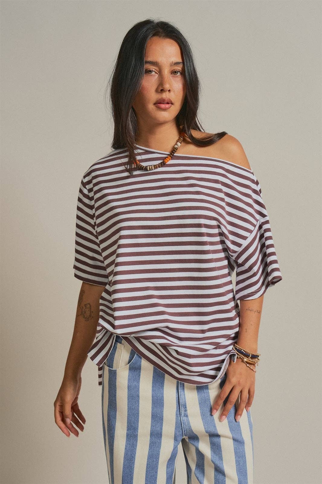 Women's Off-Shoulder Boxy Tee - Brown Stripe