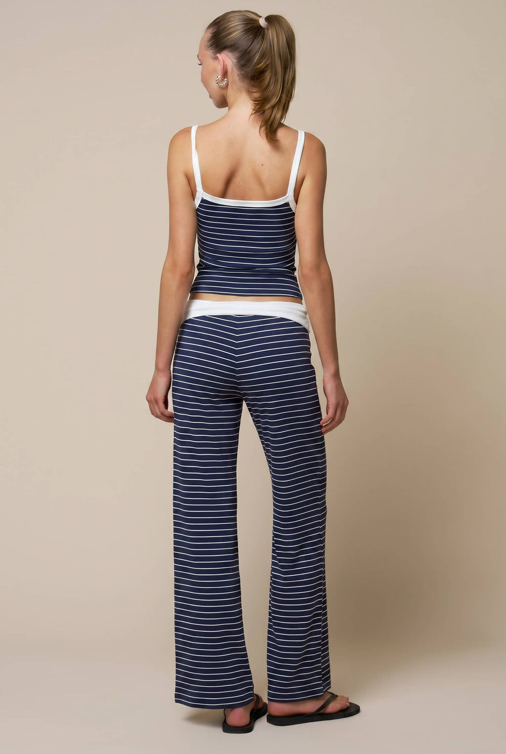Women's Striped Tank with Fold Over Pant Set - Navy