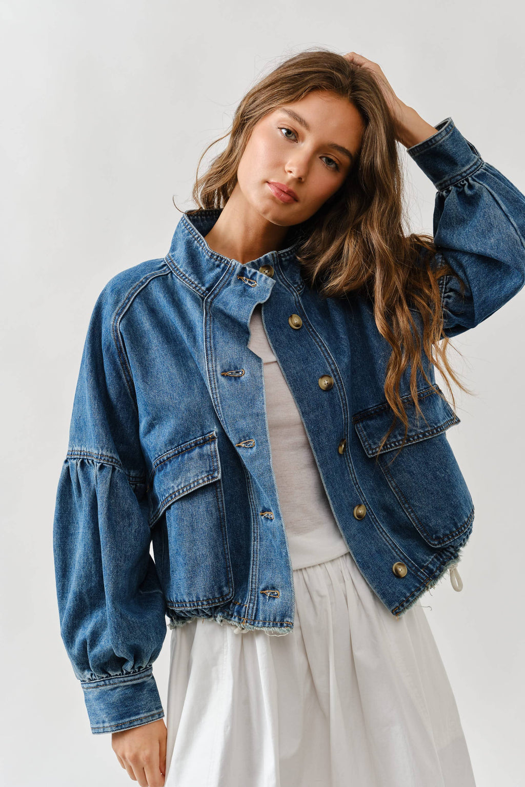 Women's Balloon Sleeve Twill Denim Jacket
