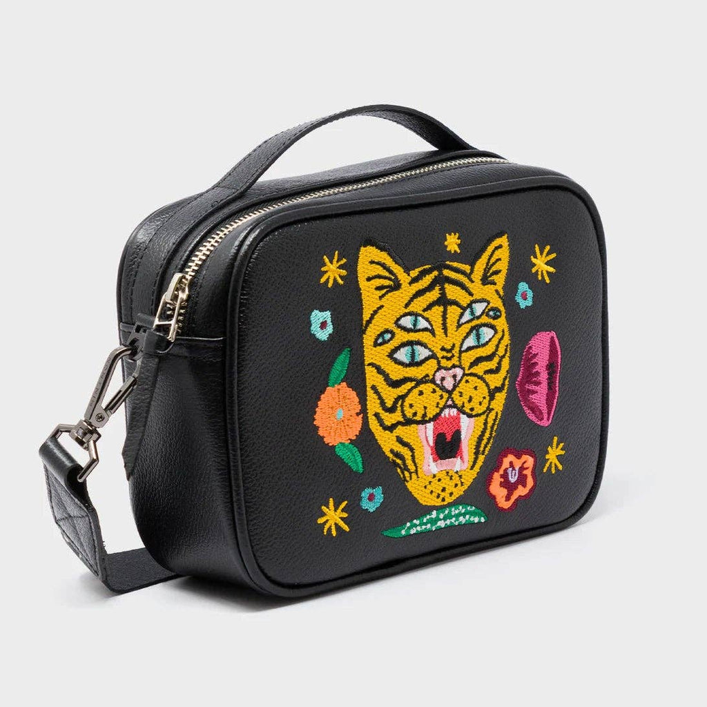 Min & Mon - Verto Black Leather Crossbody Bag - Happy Tiger Embroidery