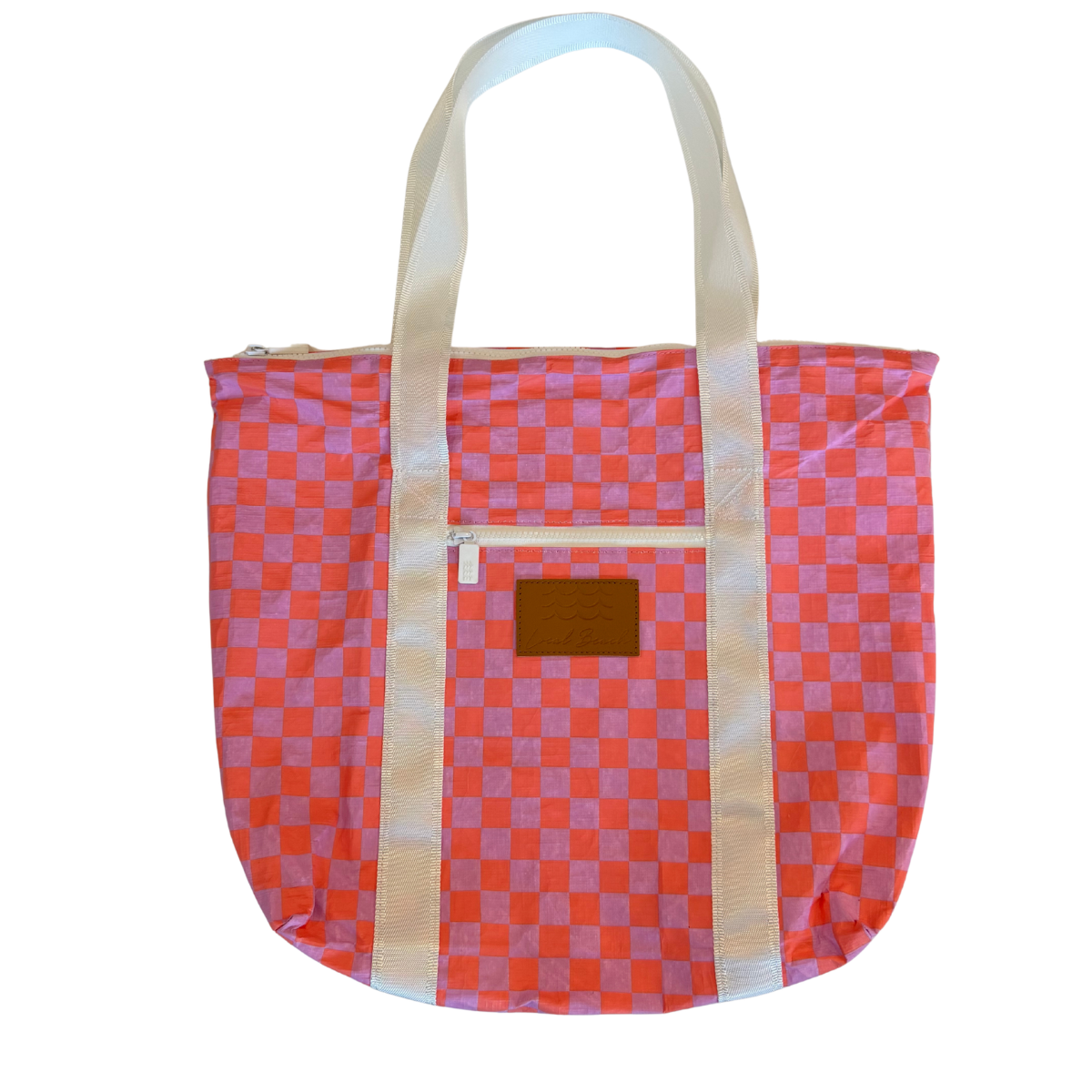 Local Beach Water Resistant Tyvek Shoulder Tote - Checker (Pink/Coral)