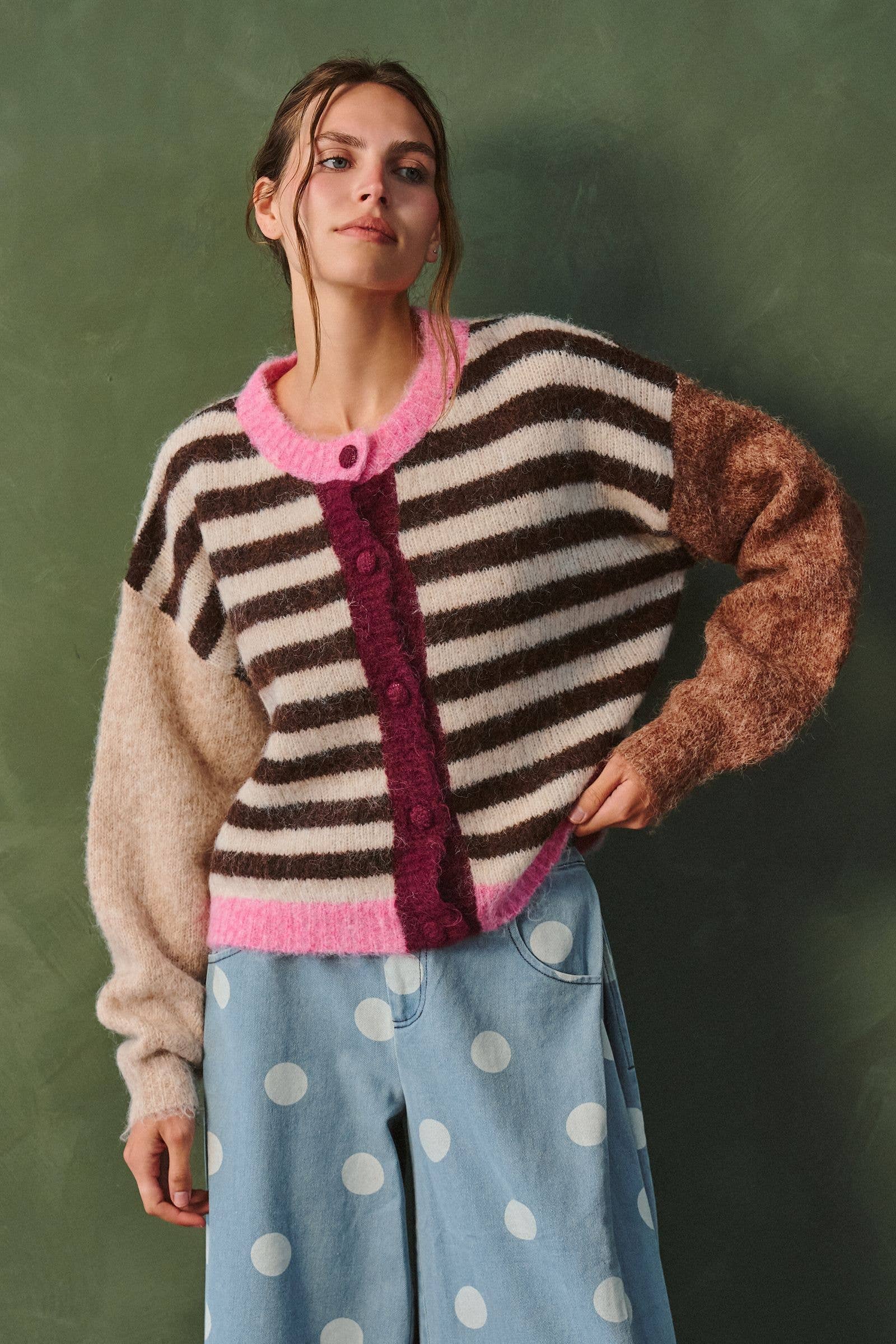 Women’s Color Pop Stripe Cardigan- Pink/Brown