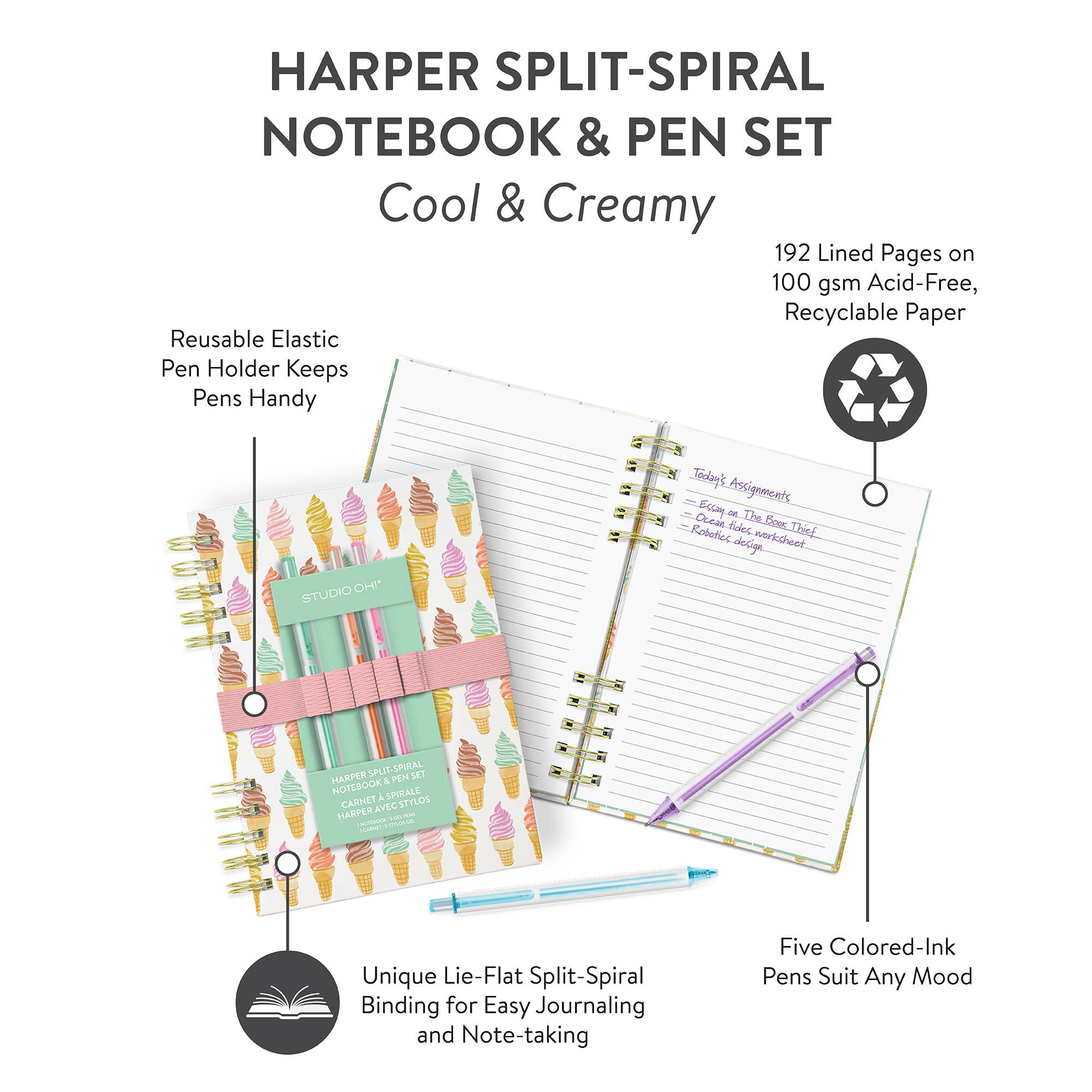 Studio Oh! - Cool & Creamy Harper Split-Spiral Notebook & Pen Set