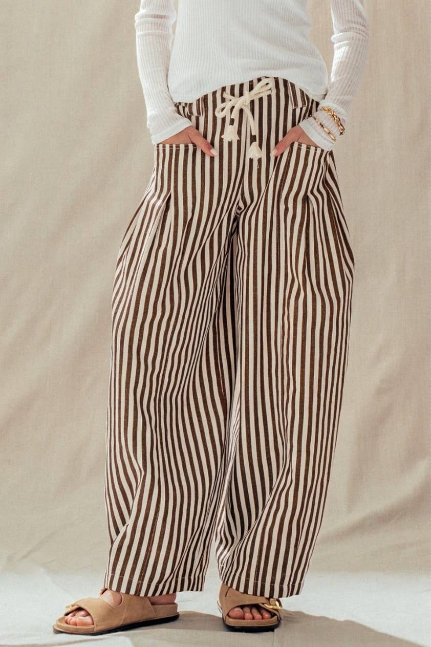 Women’s Rope Drawstring Balloon Pants - Brown Stripe
